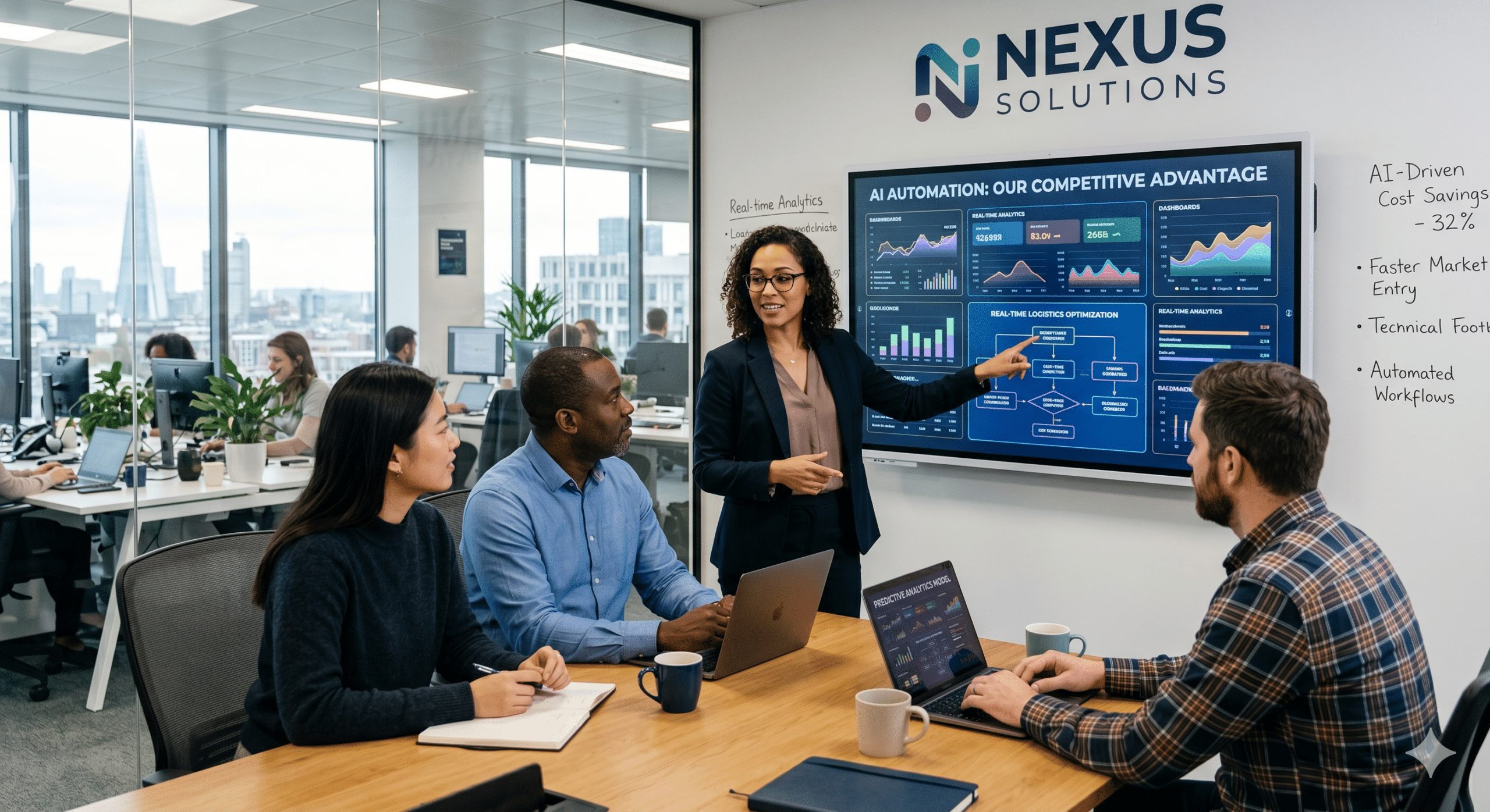 A diverse corporate team in a modern London boardroom analyzing a large digital display showing real-time AI automation analytics, workflow optimizations, and a 32% cost savings metric.