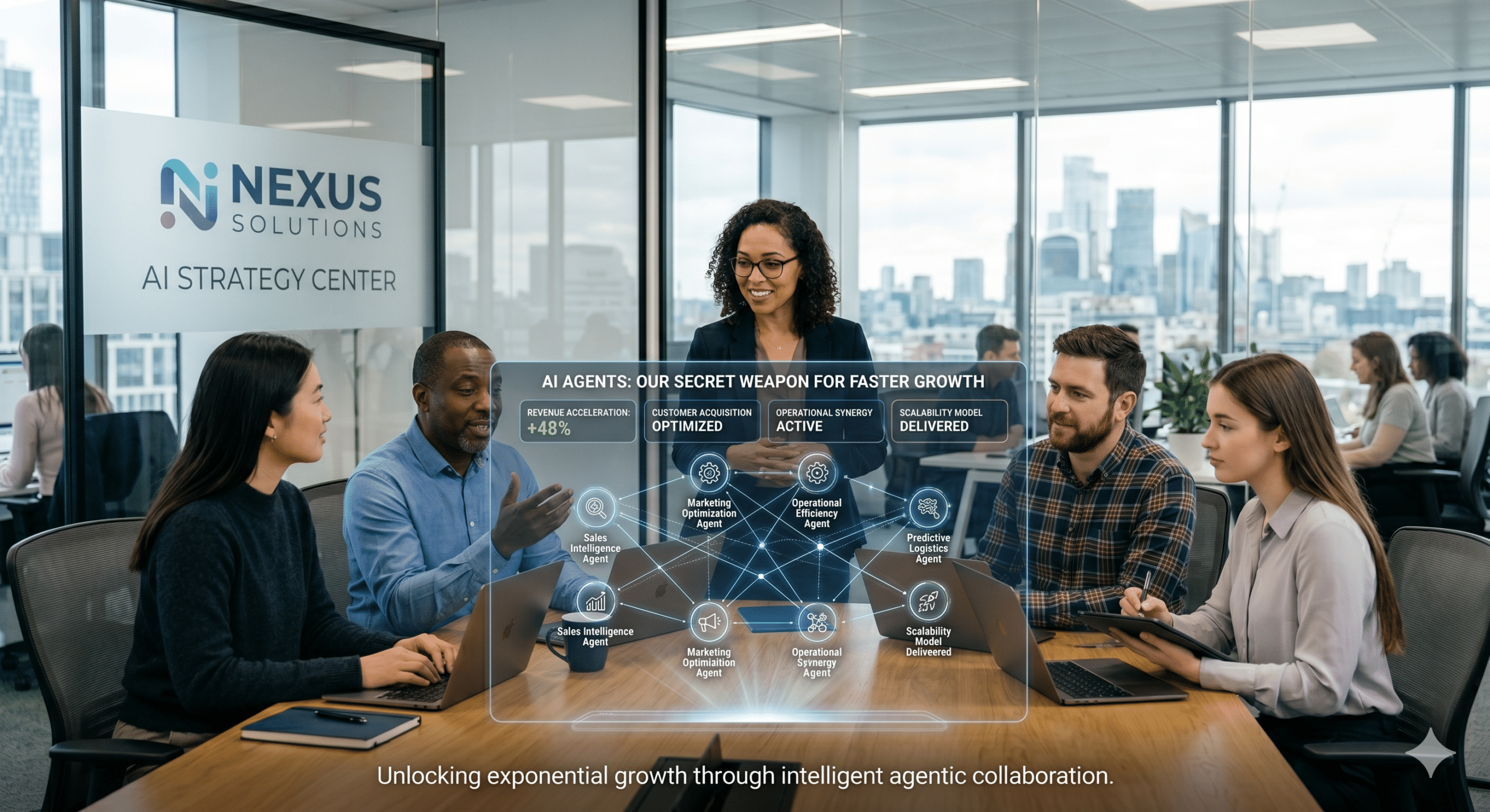 A diverse corporate team analyzes a glowing holographic display of interconnected AI agents for sales, marketing, and logistics optimization in a modern, glass-walled London office at Nexus Solutions AI Strategy Center.