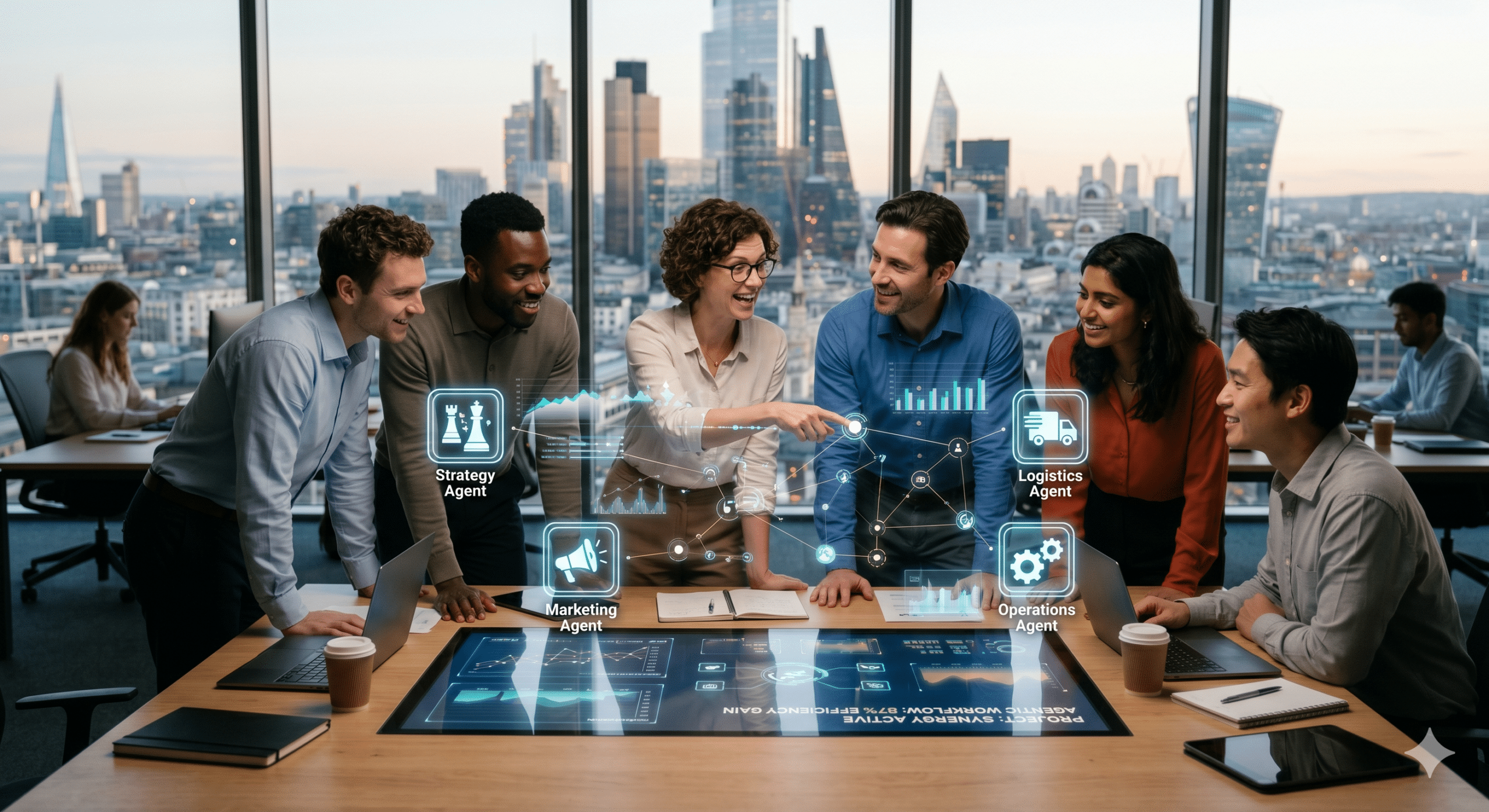A diverse corporate team smiling and collaborating around a large digital smart-table in a London high-rise boardroom, analyzing a holographic network map of specialized AI productivity tools for strategy, marketing, logistics, and operations.