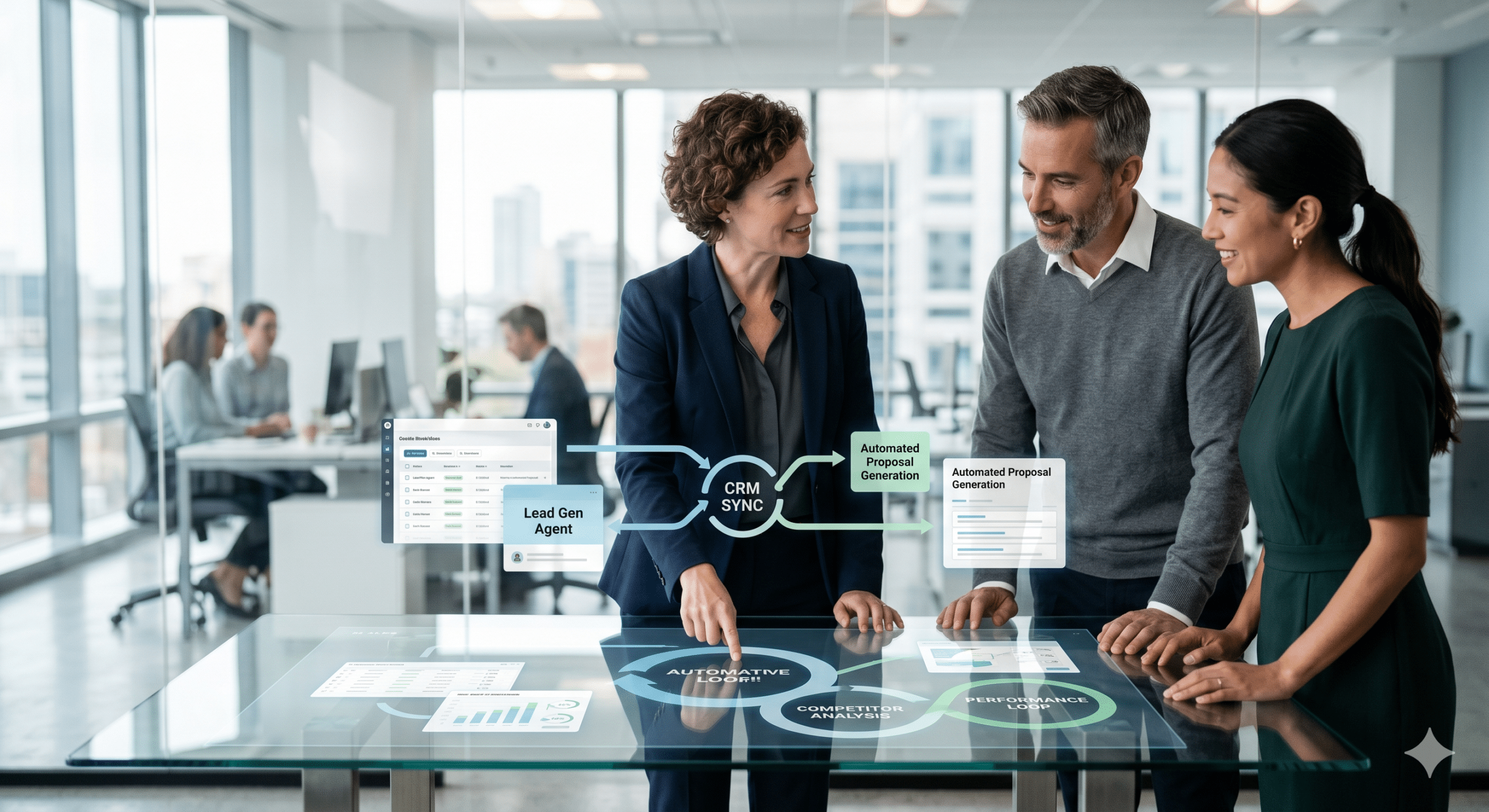 A group of business leaders in a modern corporate office interacting with a holographic display showing an autonomous agentic AI tool for business workflow including CRM sync and automated proposal generation.