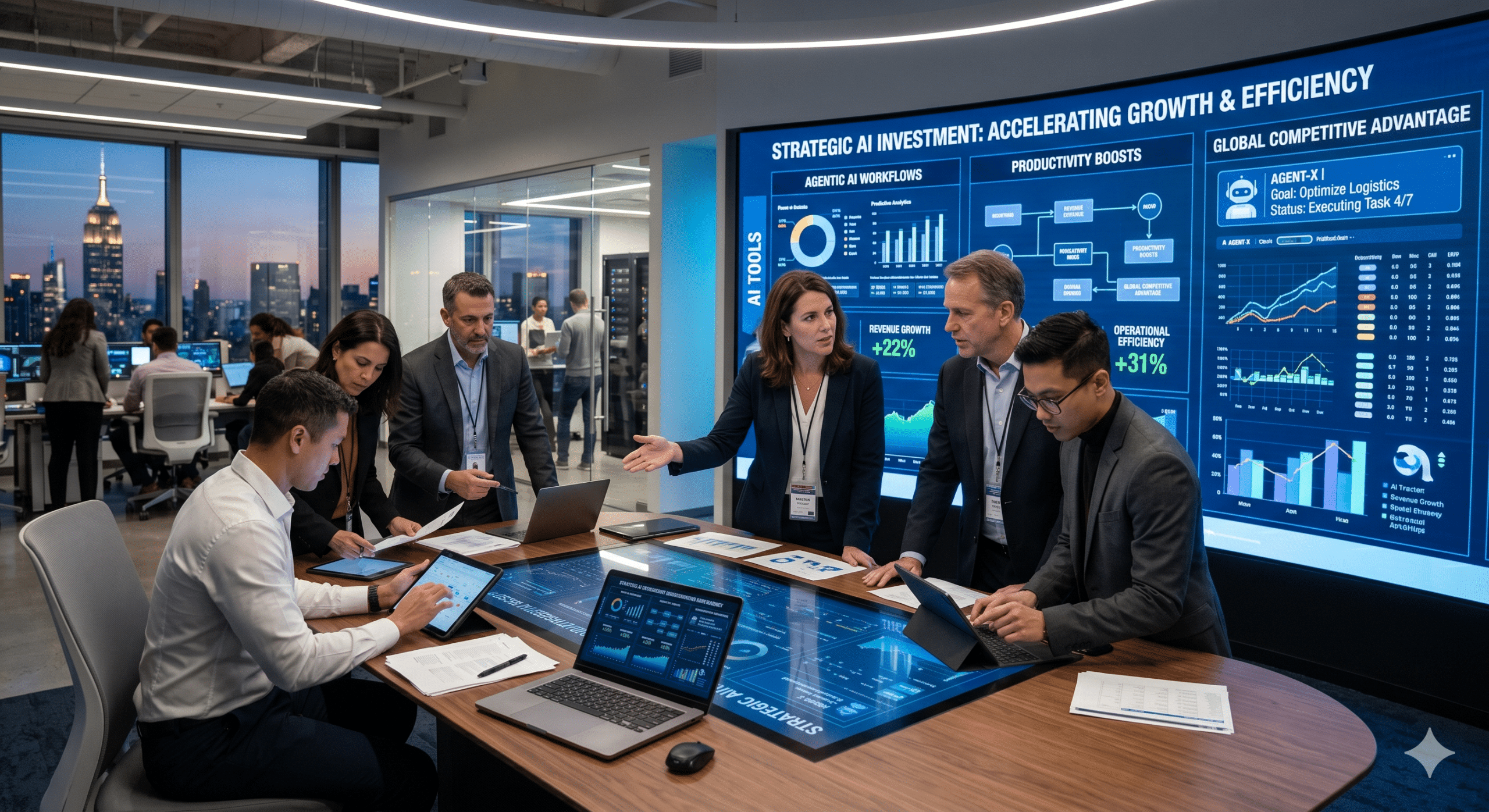 A business executive team in a high-tech boardroom reviewing a digital dashboard displaying strategic AI tools, agentic AI workflows, data metrics, and business automation growth statistics.