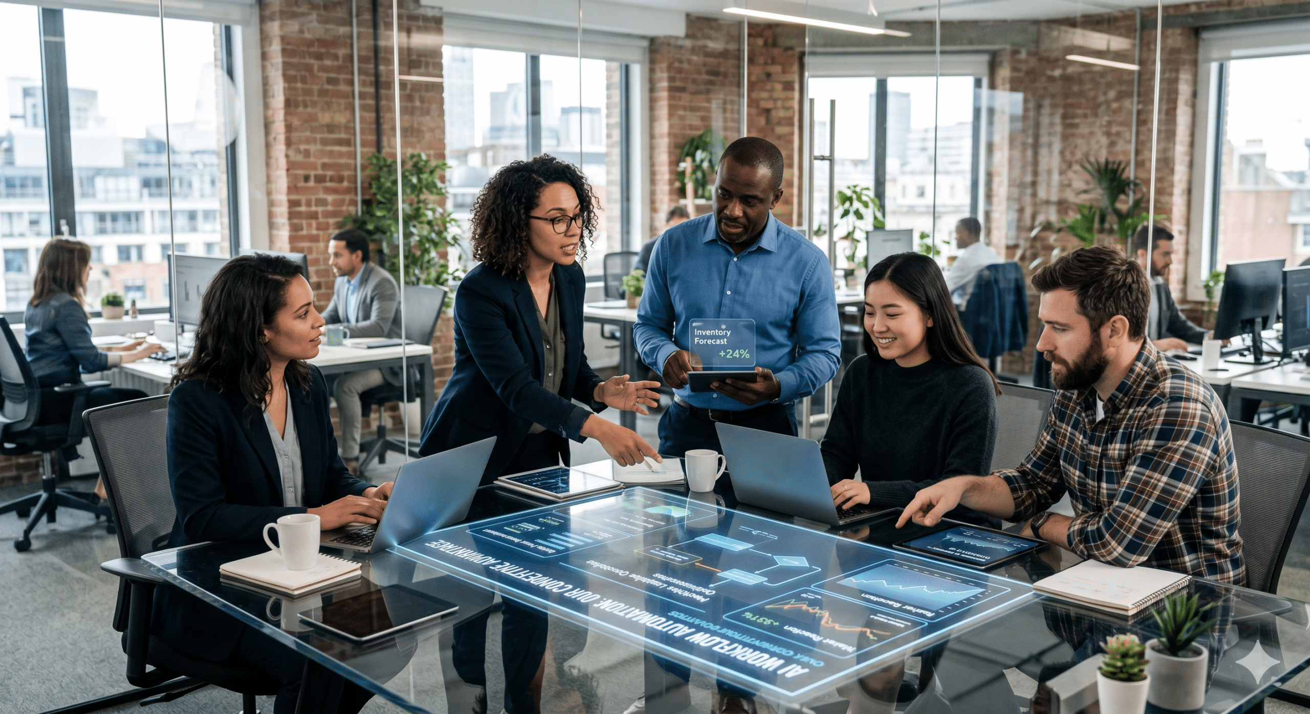A diverse corporate engineering and operations team gathering around an interactive glass smart-table in a modern, open-concept loft office to analyze real-time AI workflow automation schemas, inventory forecasting metrics, and market acceleration data.