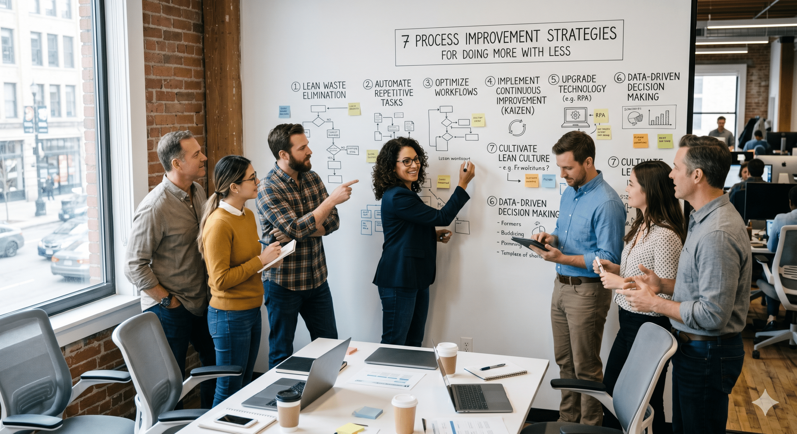 Process optimization team collaborating in a modern office, reviewing workflow diagrams and automation strategies on a whiteboard to improve business efficiency and productivity.