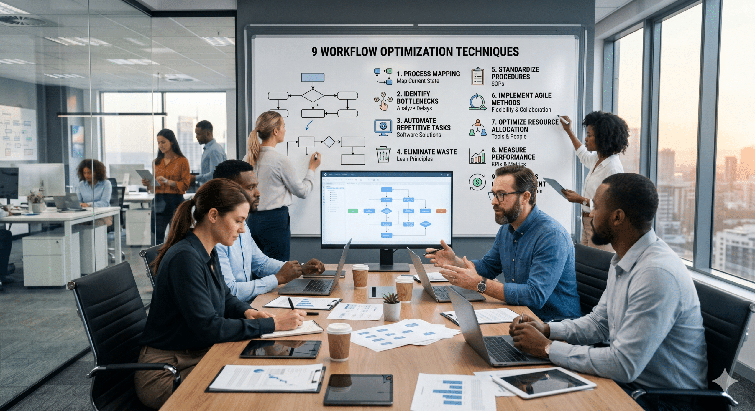 Workflow Optimization team meeting in a modern office analyzing process mapping, automation strategies, workflow improvements, and operational efficiency techniques.