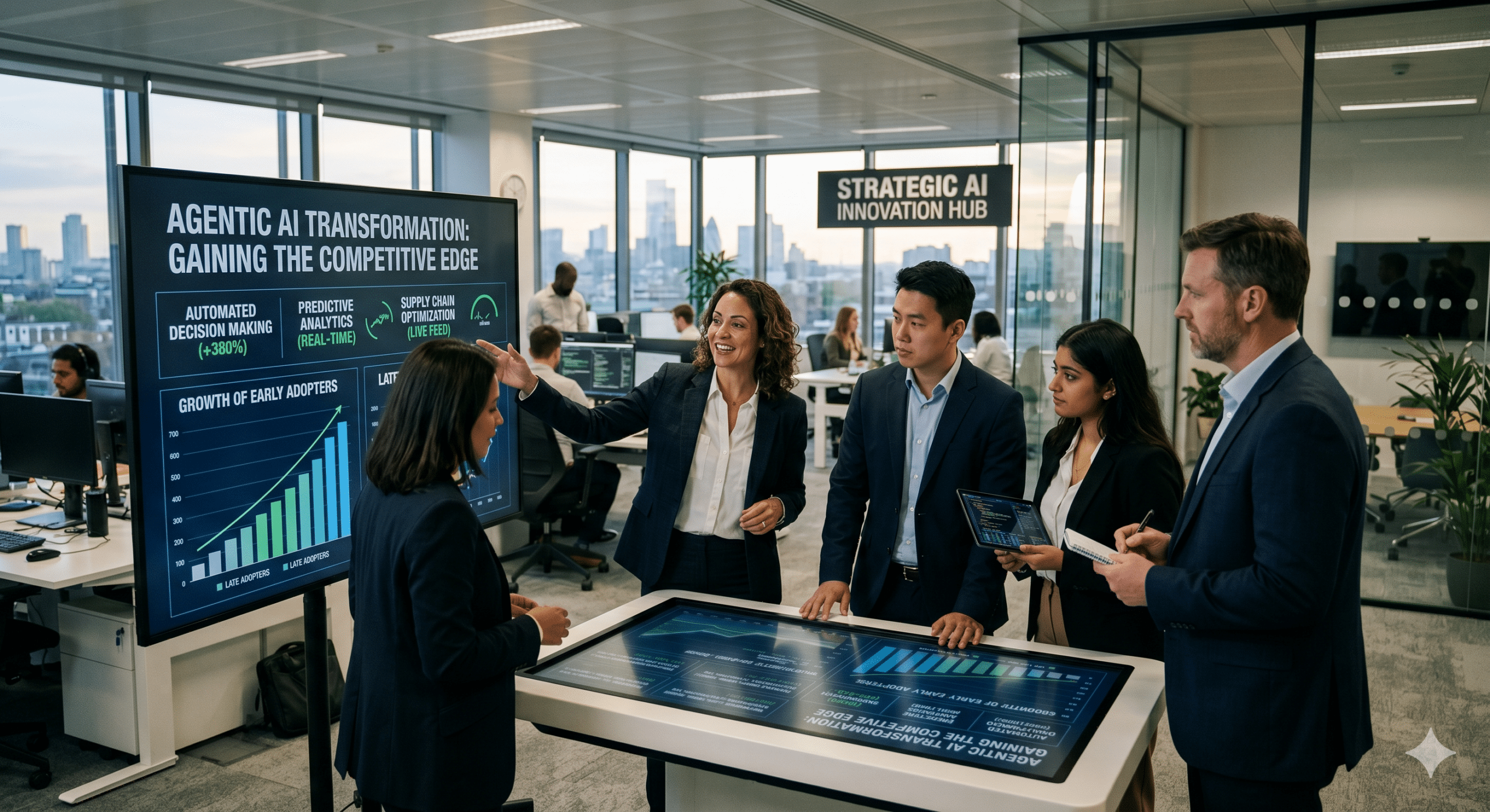 A diverse corporate leadership team in a modern office analyzing an 'Agentic AI Transformation' data dashboard showcasing exponential growth and predictive analytics on a large digital display.