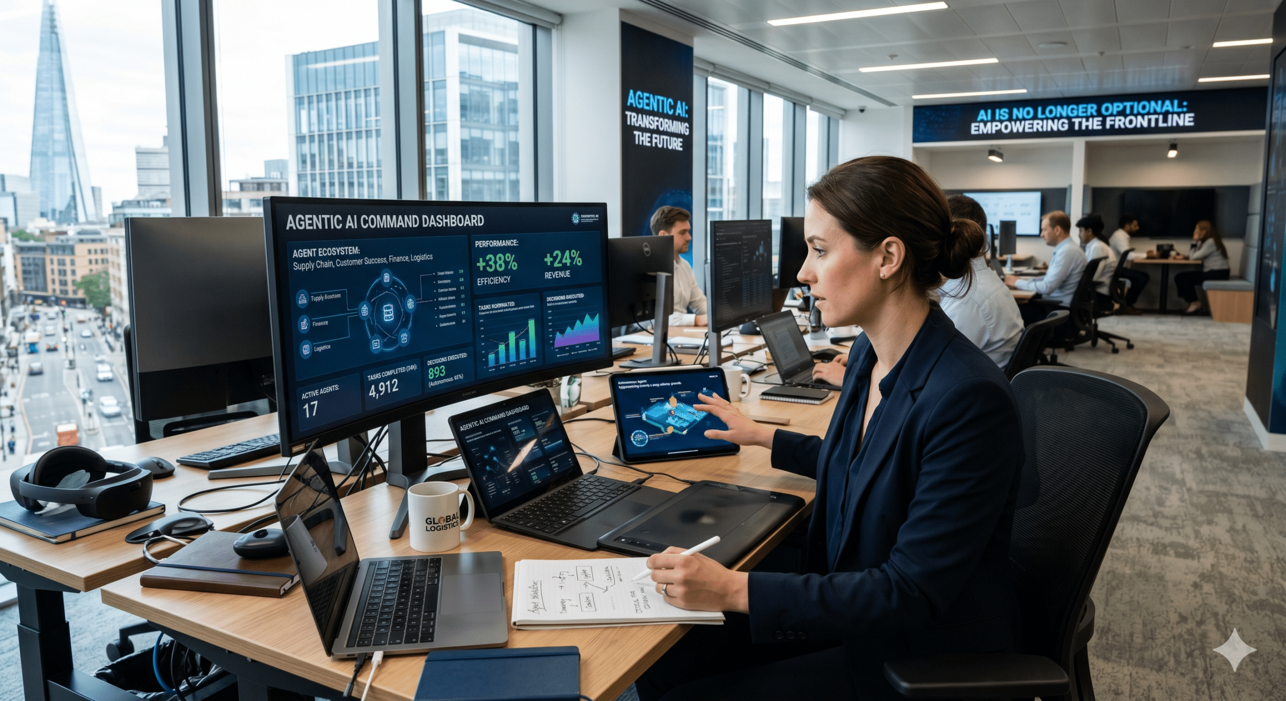 A professional corporate office setting featuring a female executive analyzing an Agentic AI Command Dashboard on a large monitor, demonstrating automated supply chain and revenue efficiency metrics in a modern business environment.