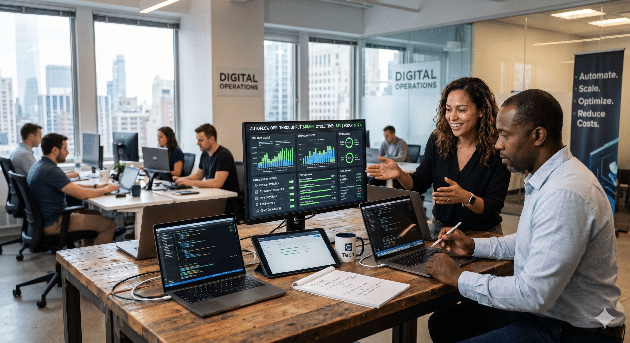 Business automation team monitoring digital operations dashboard to improve workflow efficiency, reduce costs, and streamline automated business processes