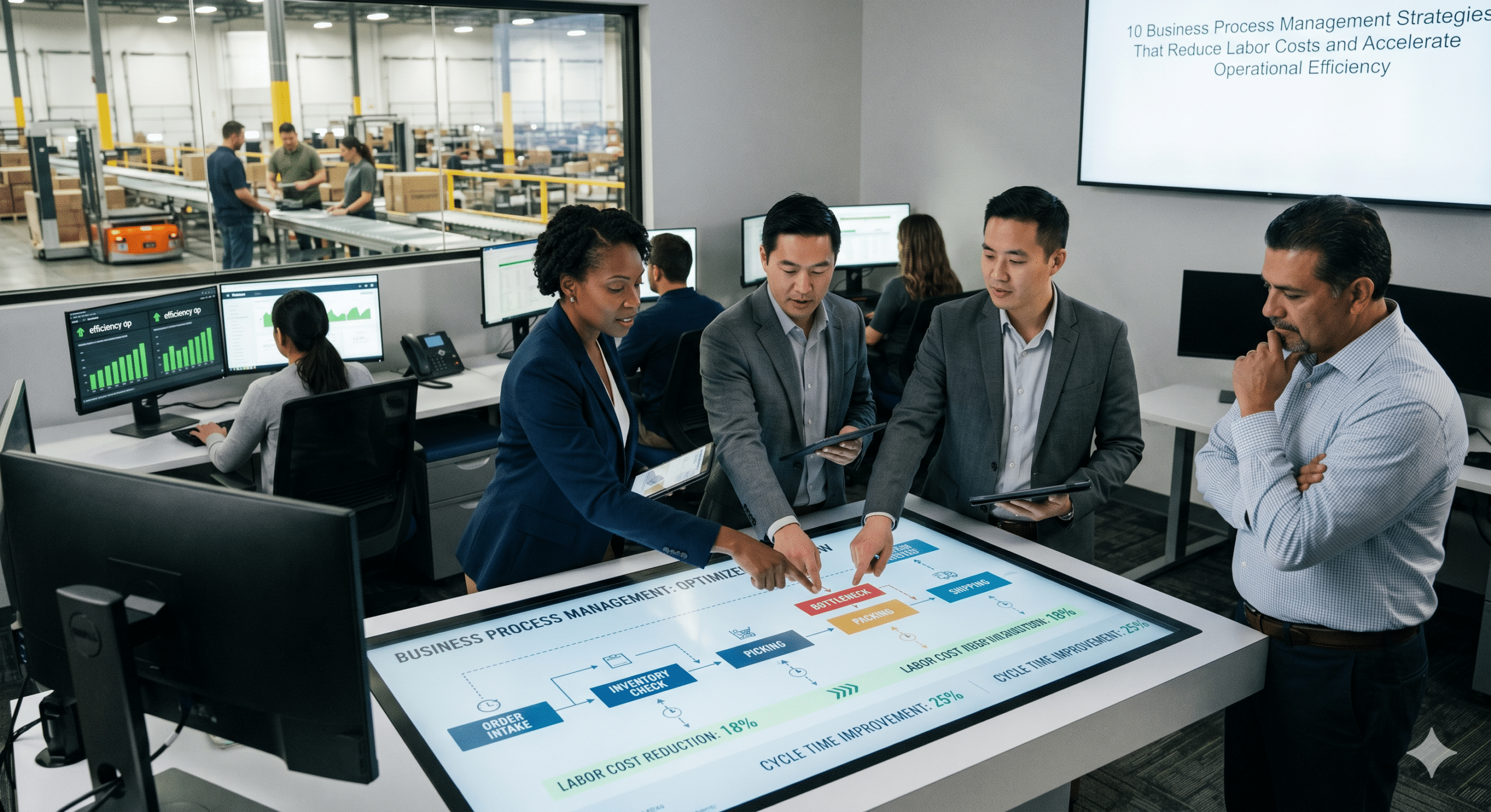 Business process management team analyzing workflow automation and operational efficiency improvements to reduce labor costs and improve business performance