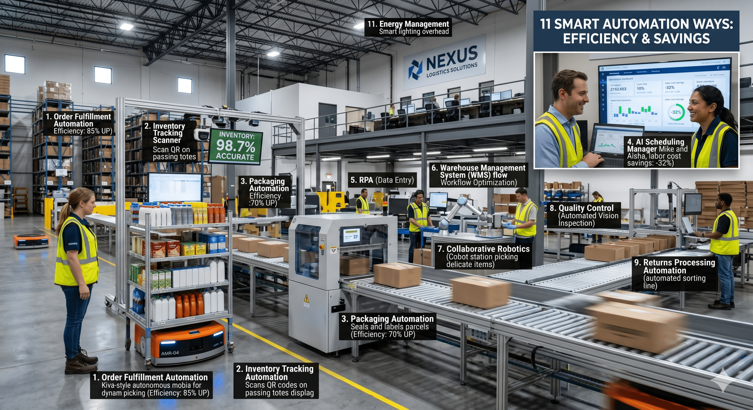 Business automation warehouse showing automated order fulfillment, inventory tracking, packaging automation, robotic process automation, warehouse management systems, quality control, and logistics workflow optimization.