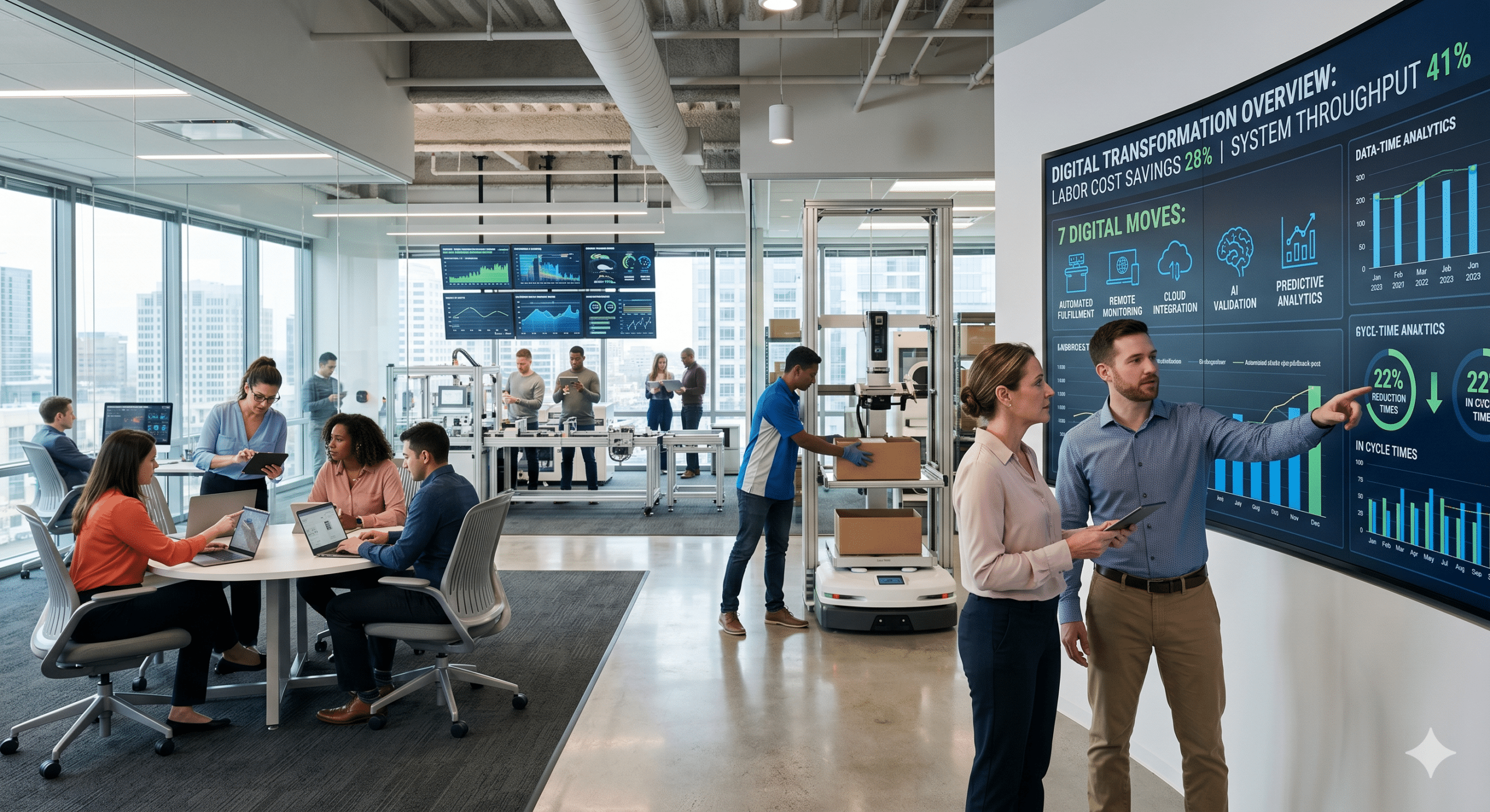 Digital transformation team reviewing business automation dashboards and operational analytics to improve efficiency, reduce labor costs, and increase workflow throughput in a modern office environment.