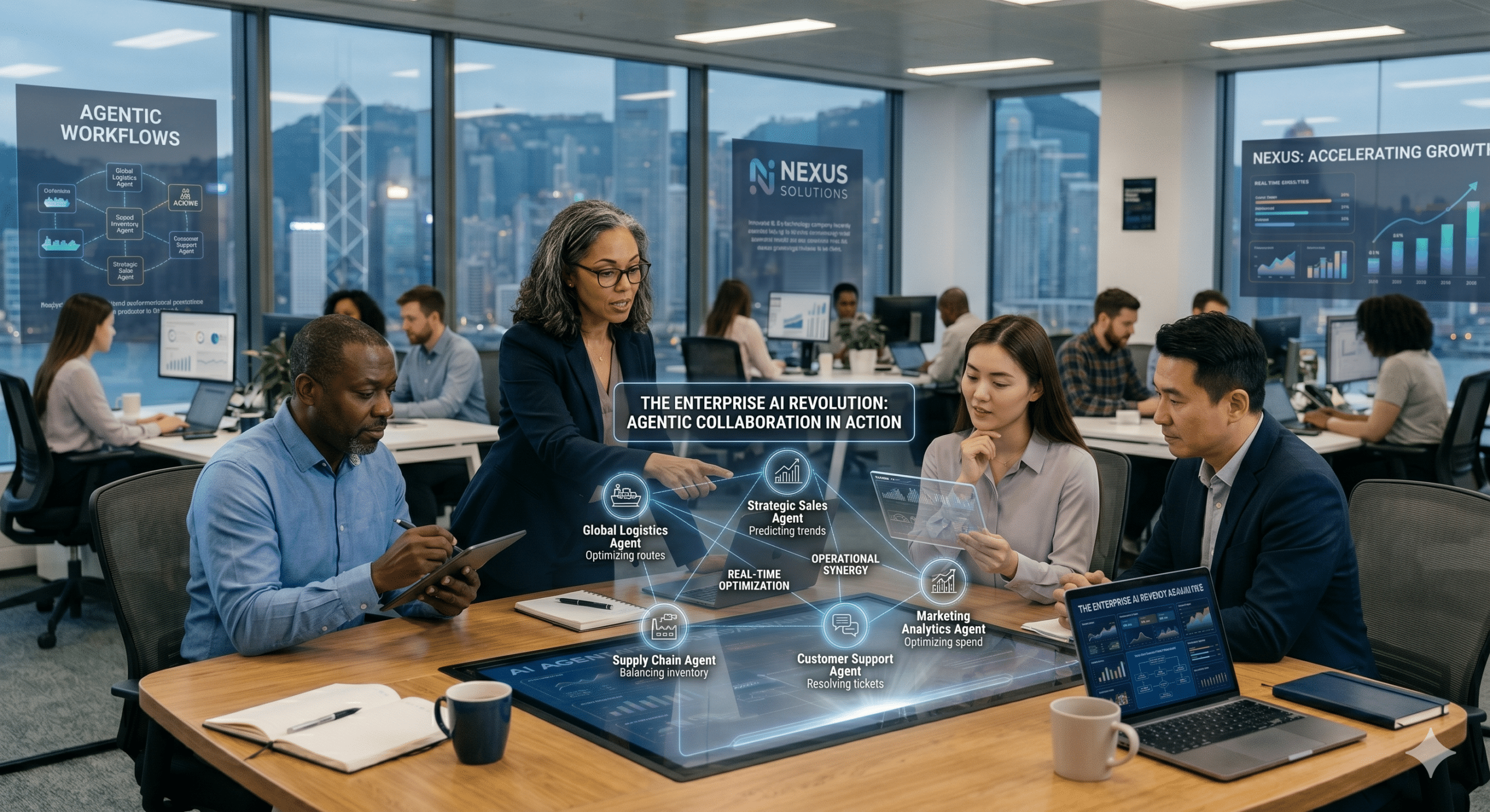 A diverse corporate leadership team collaborating around a modern digital smart-table in a high-rise office overlooking Hong Kong, analyzing a futuristic holographic workflow map that illustrates the Enterprise AI revolution through connected agents handling logistics, sales, and customer support.