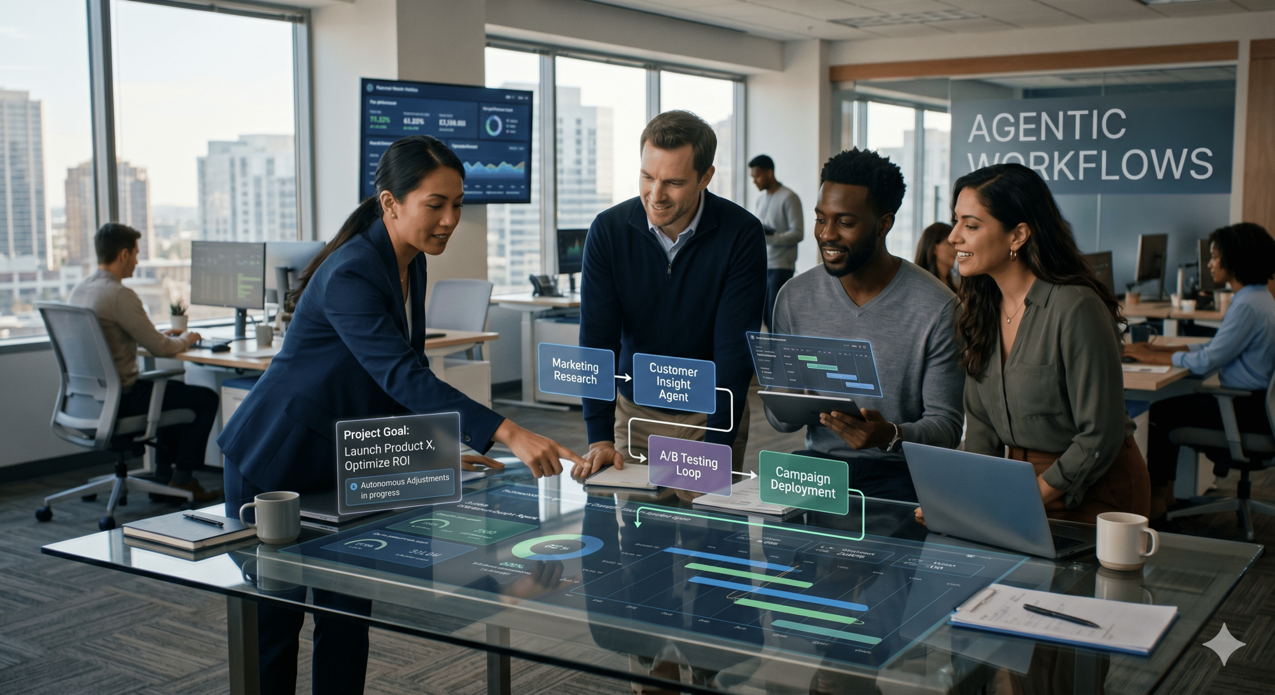 A collaborative team of corporate professionals analyzing an autonomous agentic system workflow overlay on a digital smart table driven by enterprise generative AI.