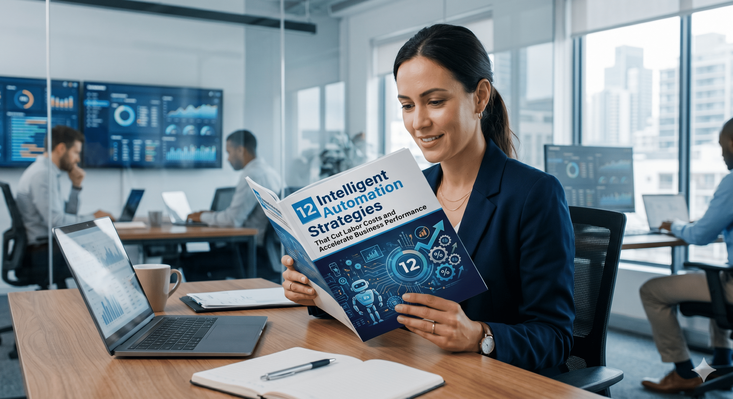 Business professional reviewing an intelligent automation strategy guide in a modern office with digital dashboards, analytics screens, workflow automation metrics, and business performance data.