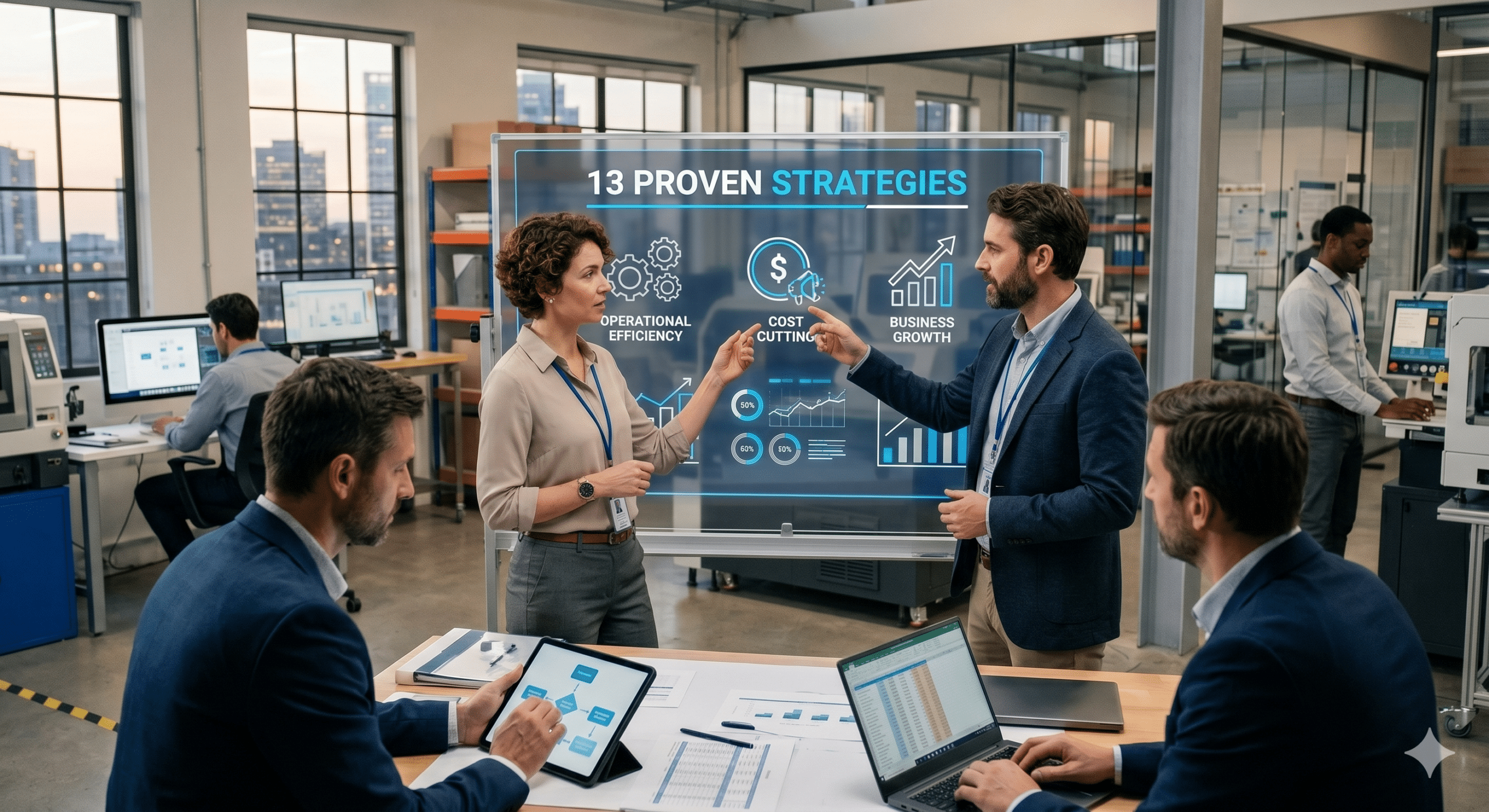 Operational efficiency strategy meeting with business leaders analyzing automation, cost reduction, workflow optimization, and business growth in a modern digital operations environment