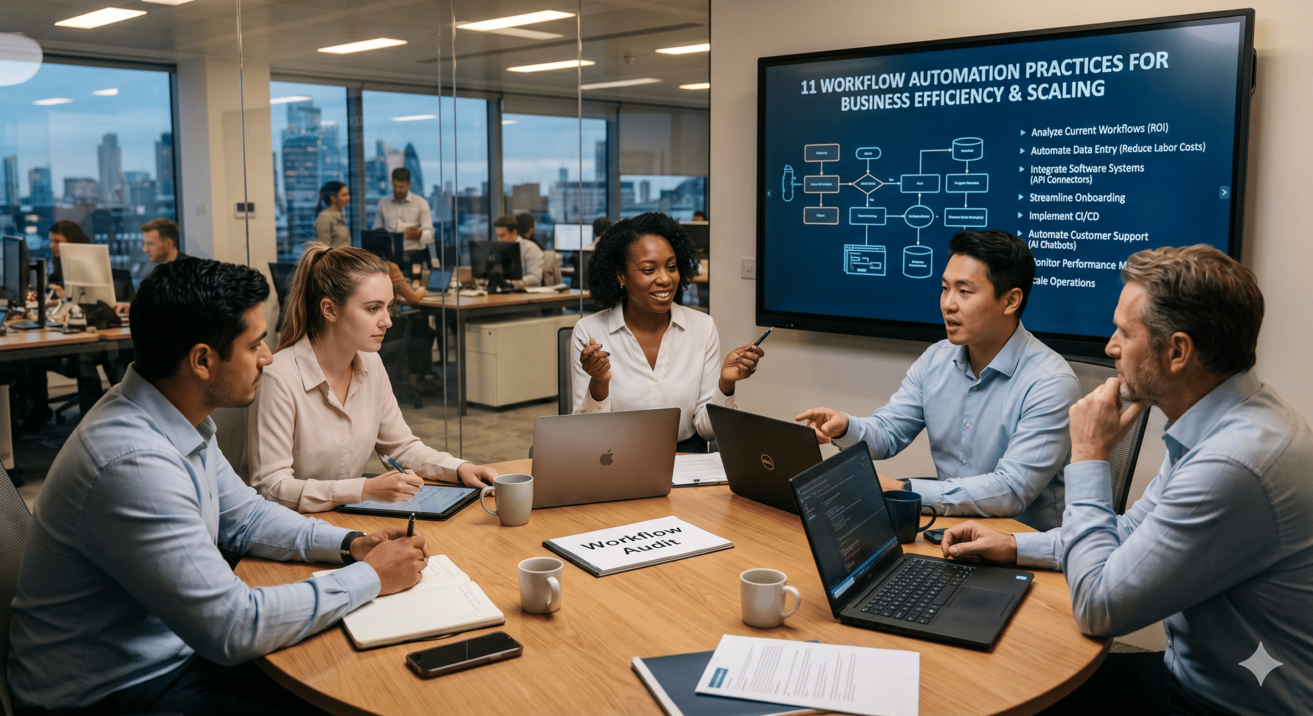 Workflow automation strategy meeting with business professionals reviewing digital process automation, operational efficiency improvements, and workflow optimization systems in a modern office.