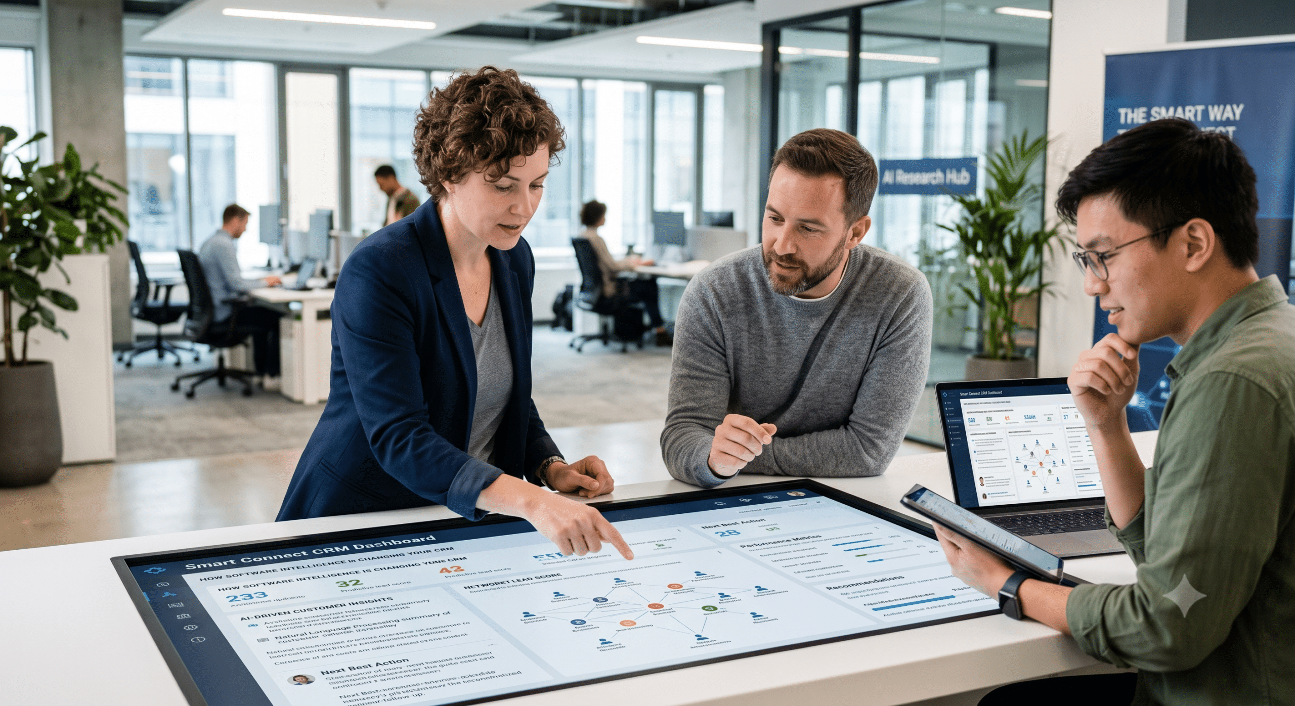 Business professionals collaborating around an AI-powered CRM software dashboard displaying customer insights, sales analytics, workflow automation, and performance metrics.
