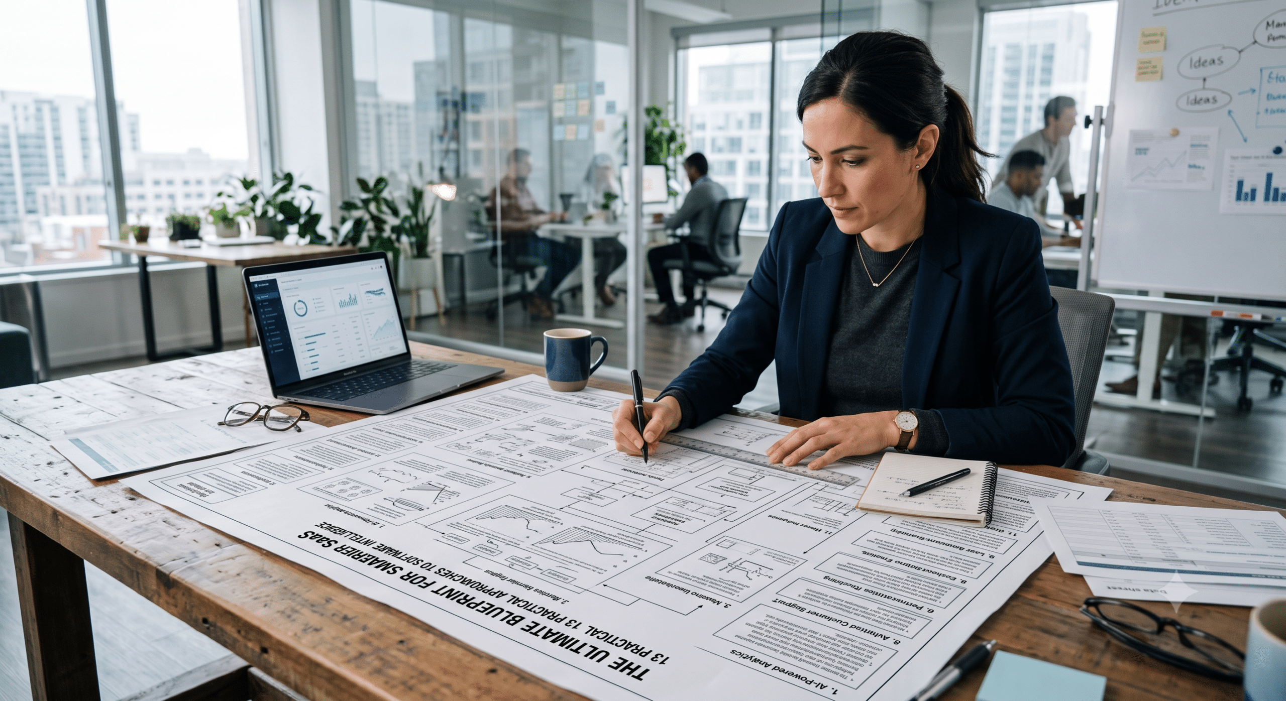 SaaS solutions architect creating a software platform blueprint with workflow diagrams, analytics dashboards, and business planning documents in a modern office.