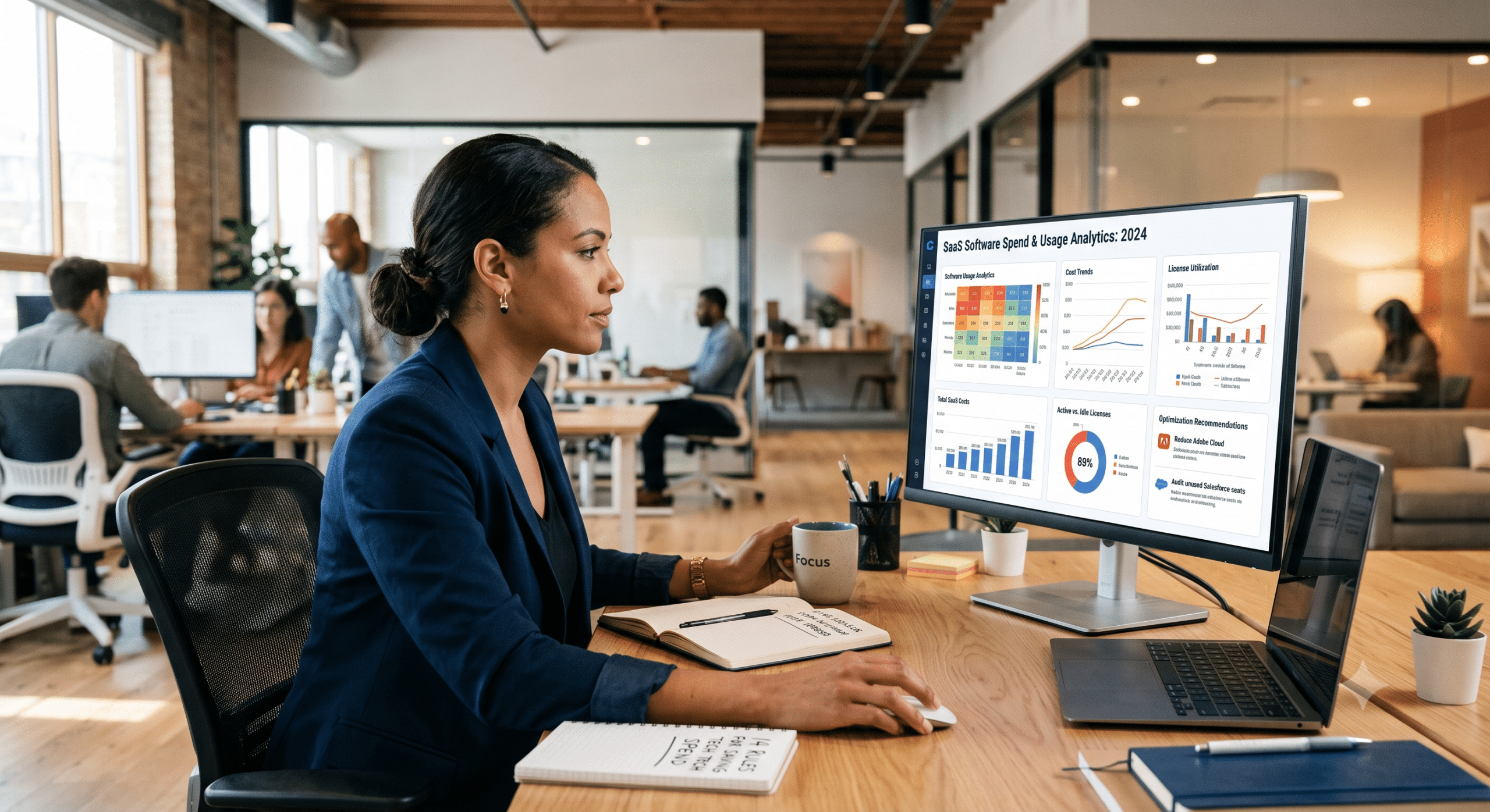 SaaS software analyst reviewing application usage analytics, software spending, license utilization, and cloud cost optimization dashboards in a modern office.