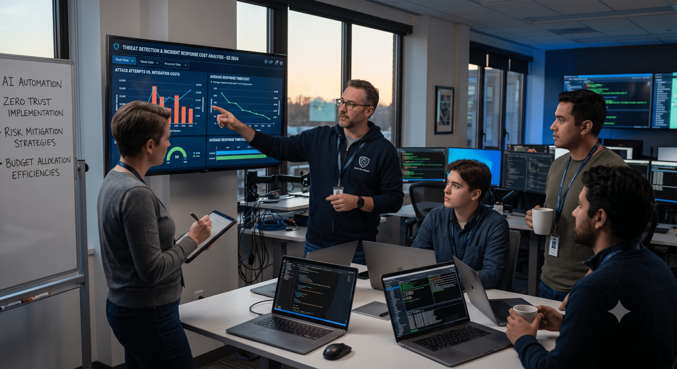 Security compliance team reviewing cyber risk, compliance controls, and security monitoring dashboard.