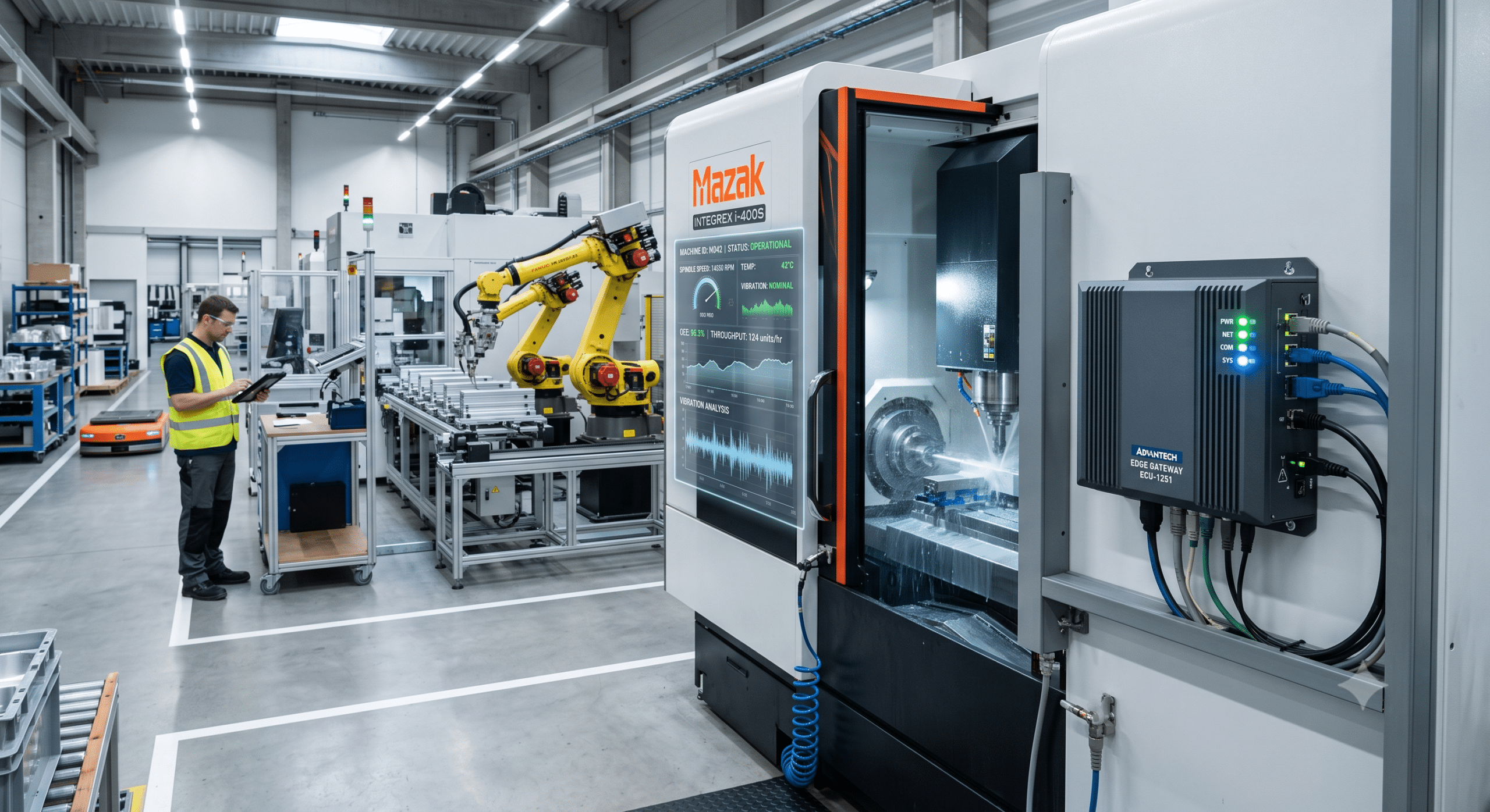 Industrial cloud computing infrastructure connecting CNC machines, robotic automation, and edge gateway for real-time manufacturing data and smart factory monitoring.