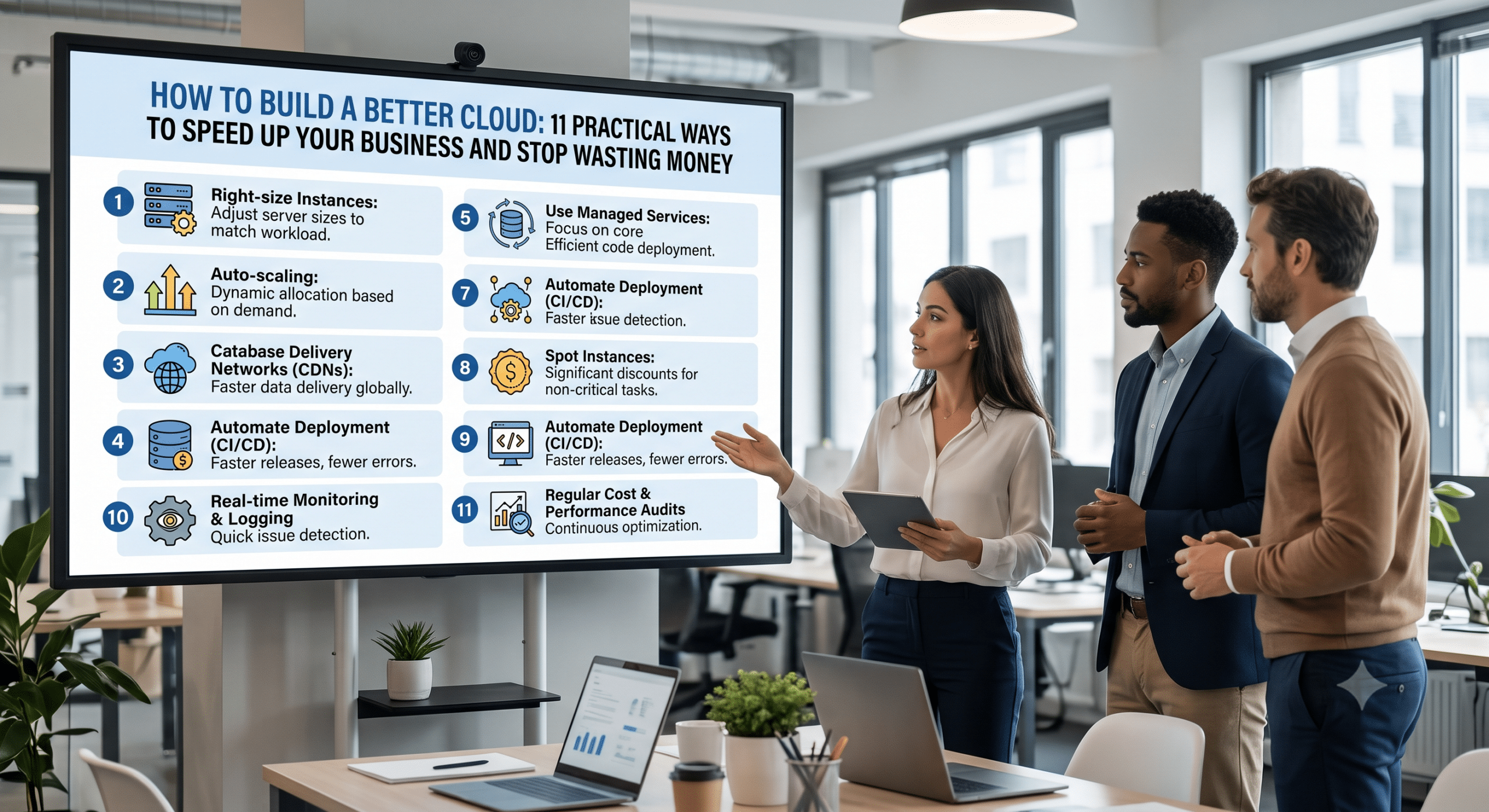 Cloud infrastructure strategy presentation showing best practices for scalable cloud architecture, cost optimization, automation, and business performance.