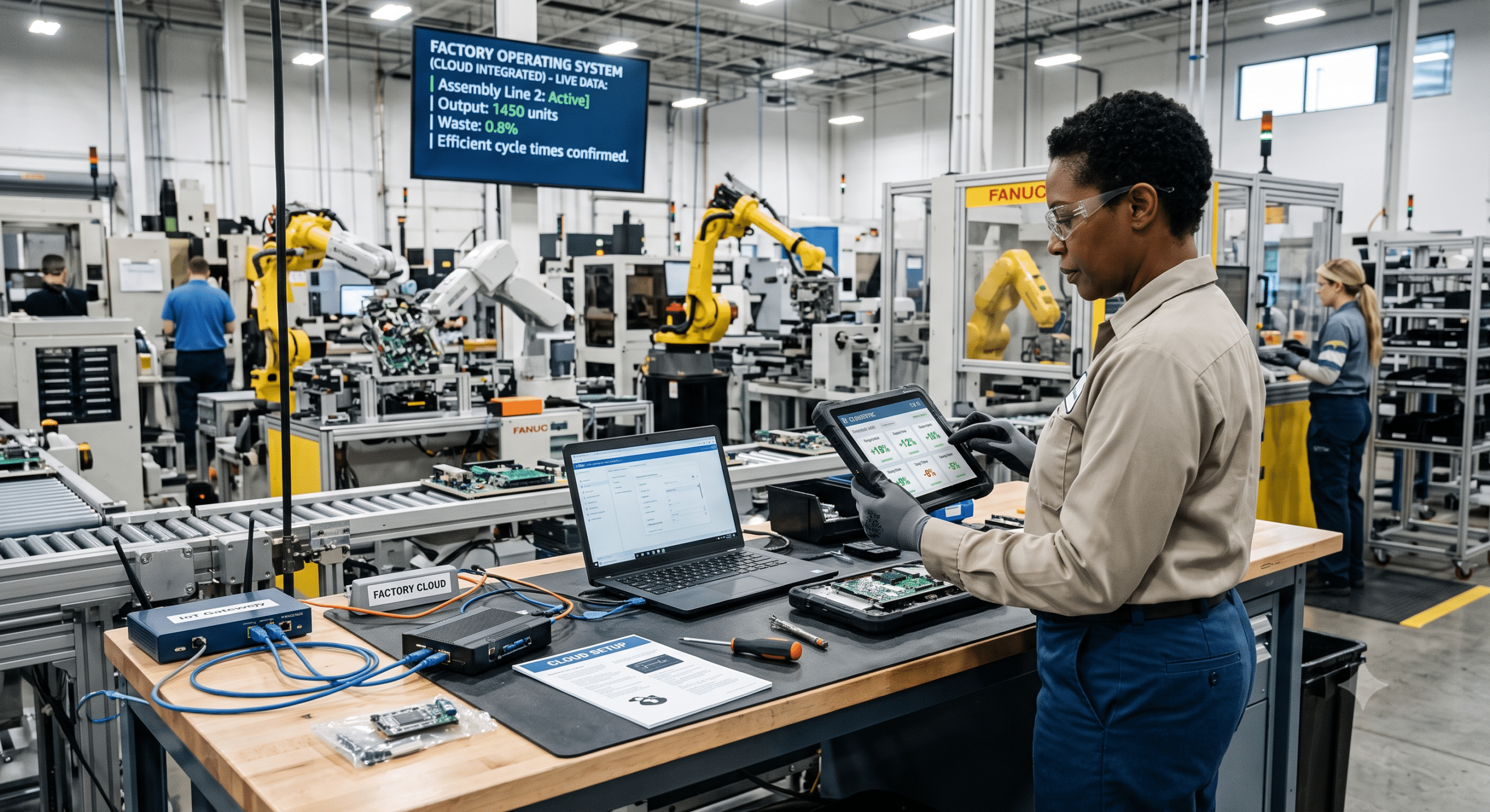 Cloud migration connects industrial automation systems, robotics, and factory operations to a secure cloud platform for real-time monitoring and production management.