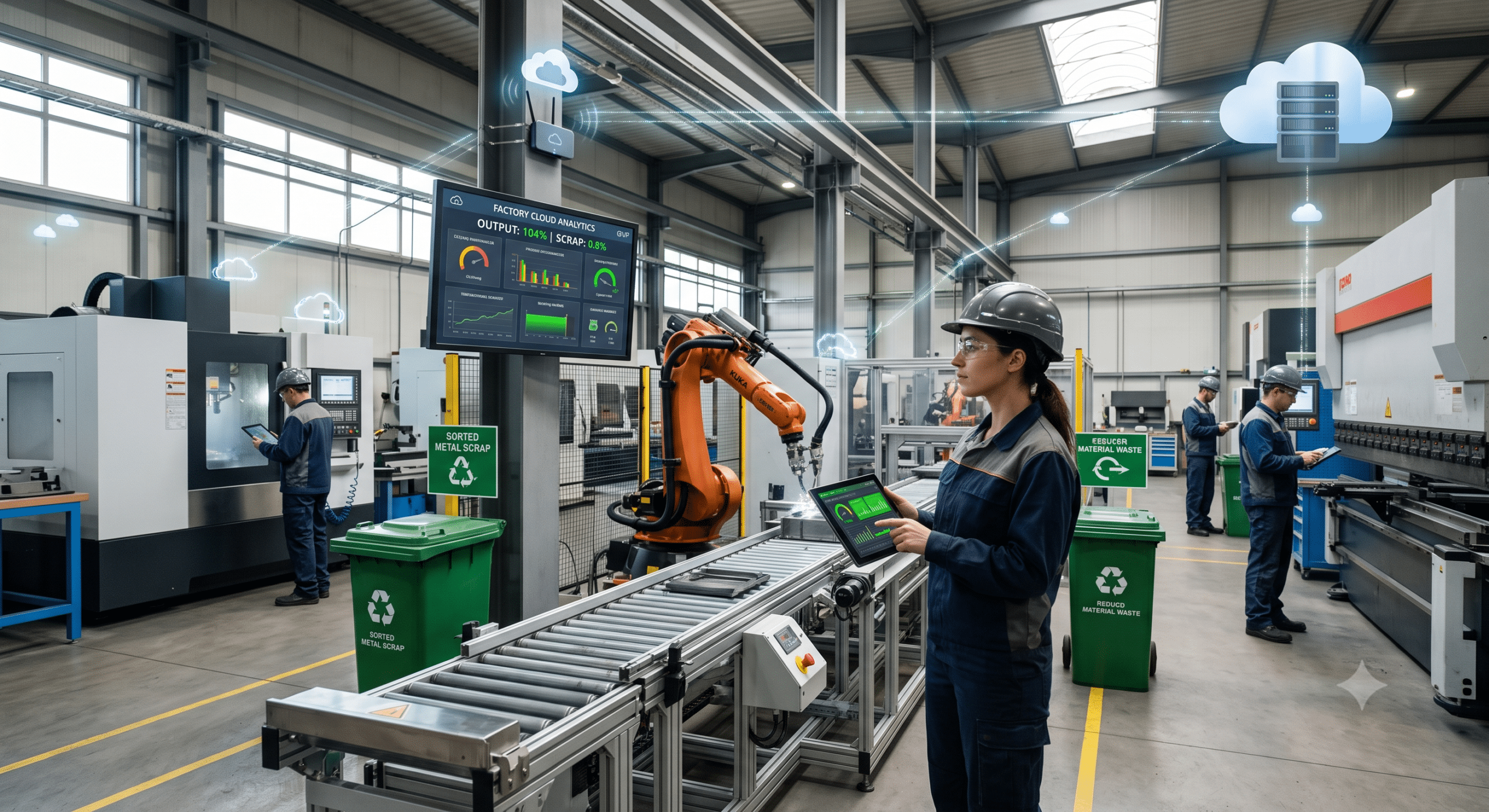 Cloud services connect smart factory machines, industrial robots, and manufacturing systems for real-time monitoring, analytics, and production optimization.