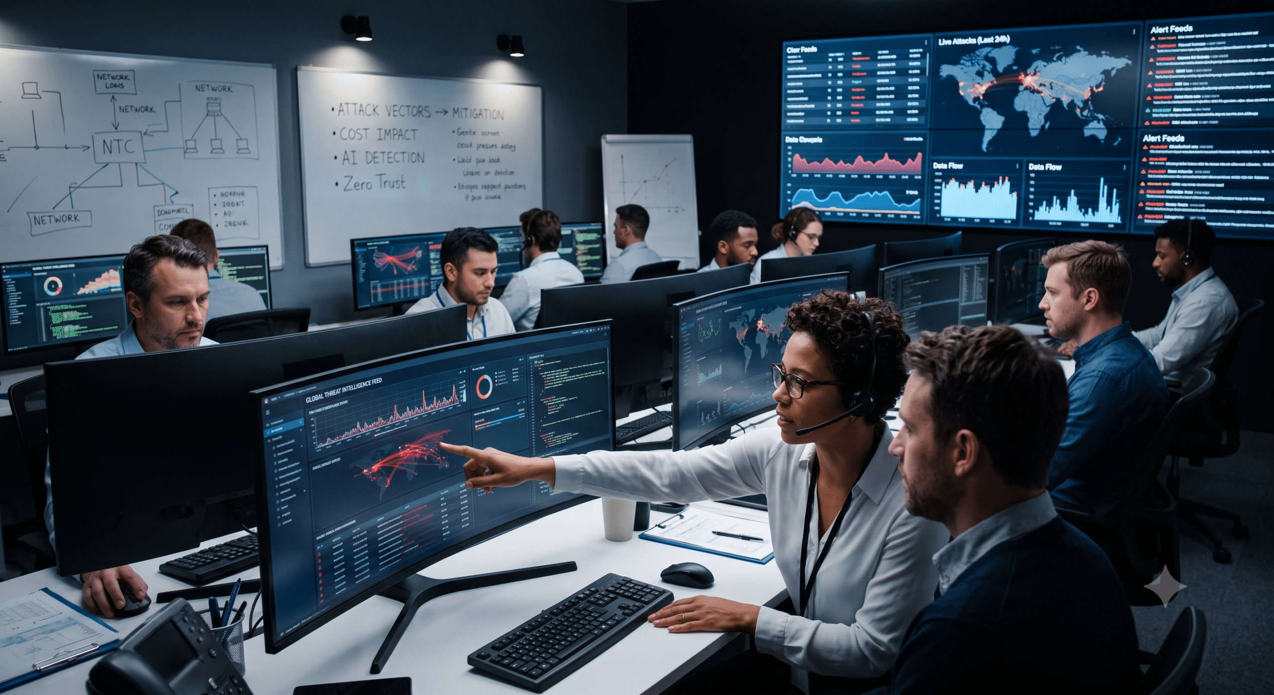 Cybersecurity for business team monitoring cyber threats and protecting enterprise networks.