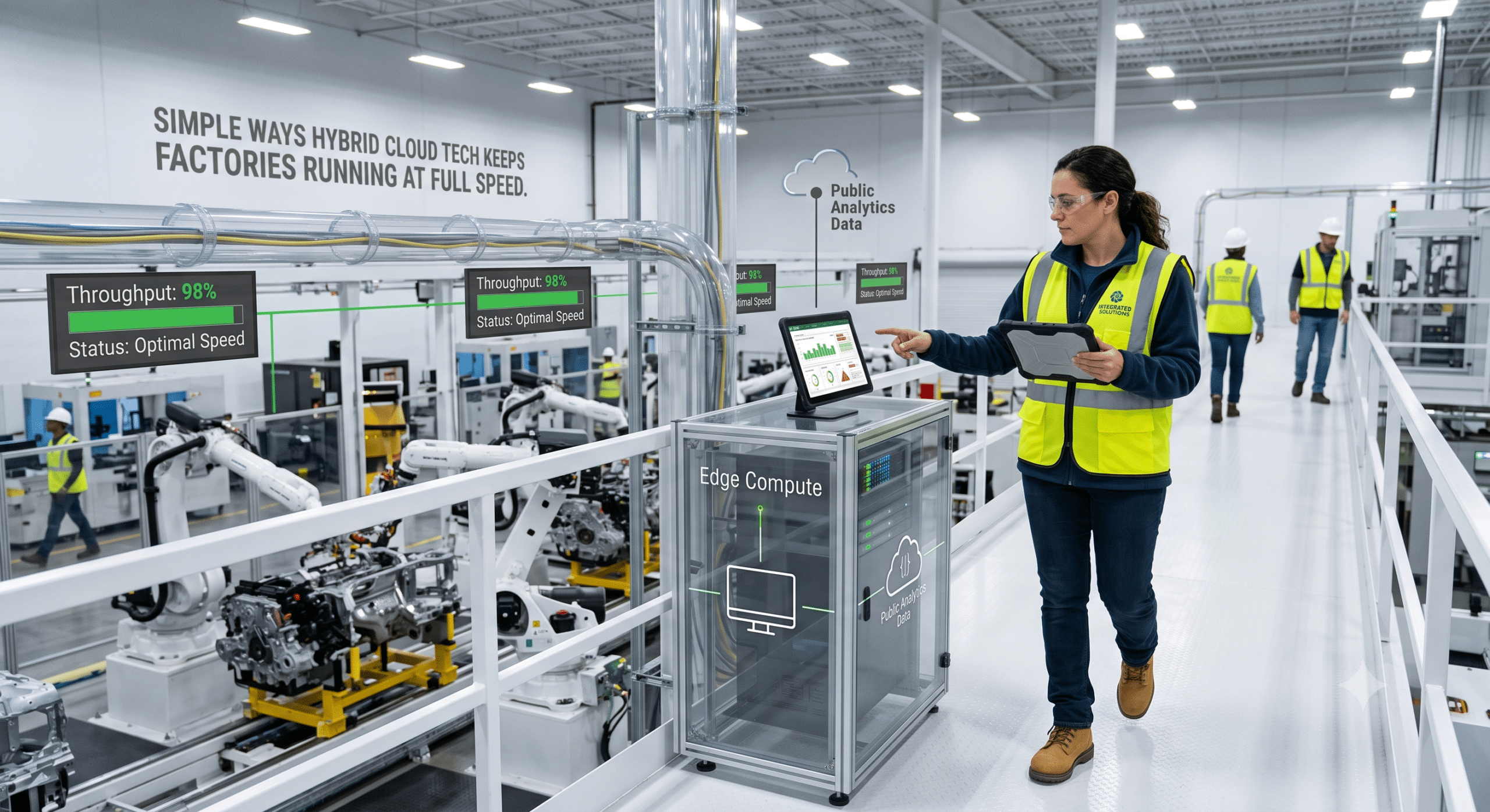 Hybrid cloud infrastructure connects smart factory robots, edge computing, and cloud analytics for real-time manufacturing performance and operational efficiency.