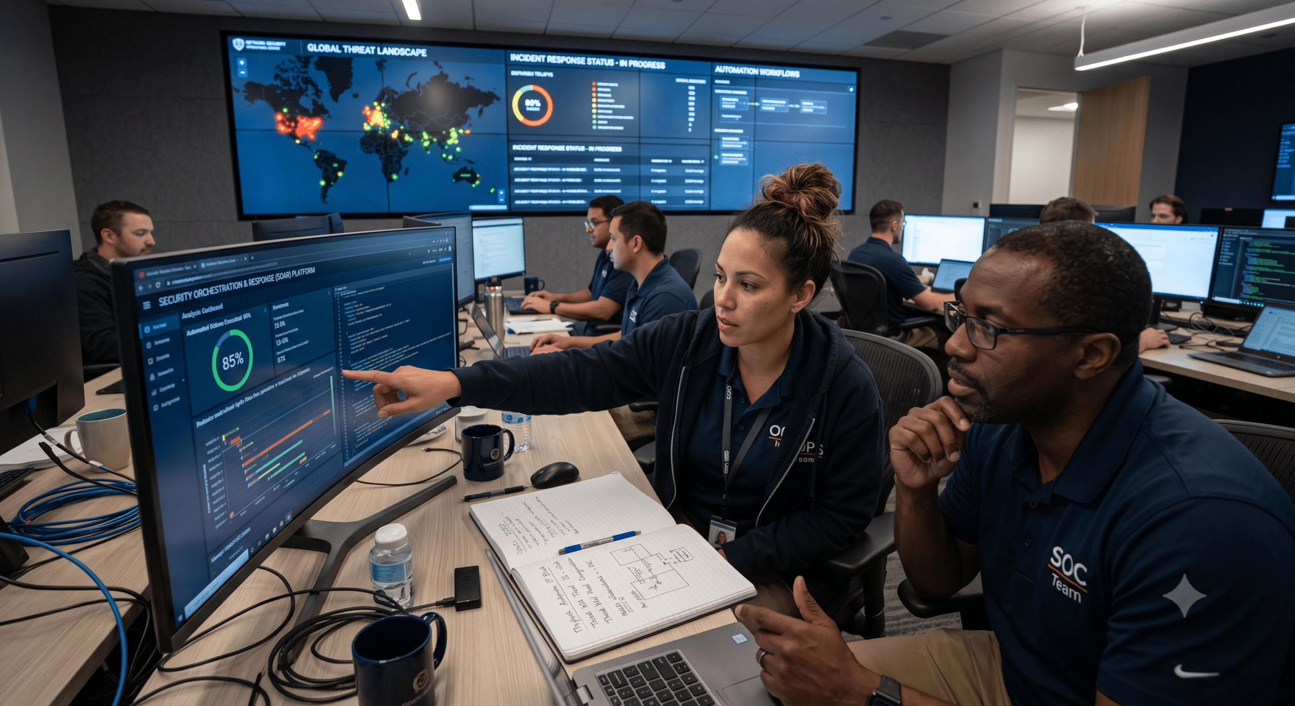 Network security operations center monitoring cyber threats and protecting enterprise networks.