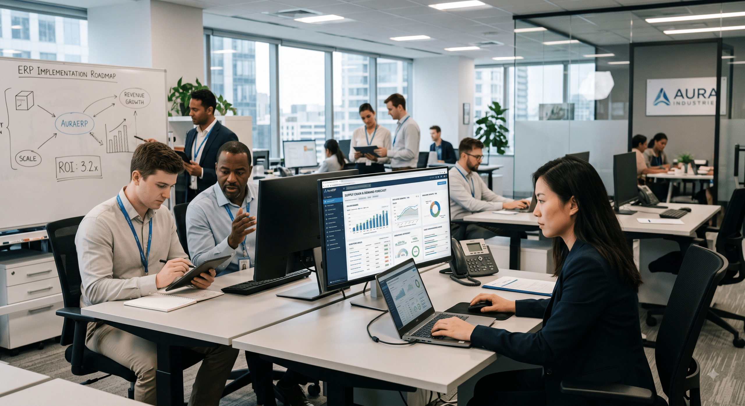 ERP software implementation team analyzing business operations dashboard, SaaS management analytics, and enterprise resource planning solutions in a modern office environment