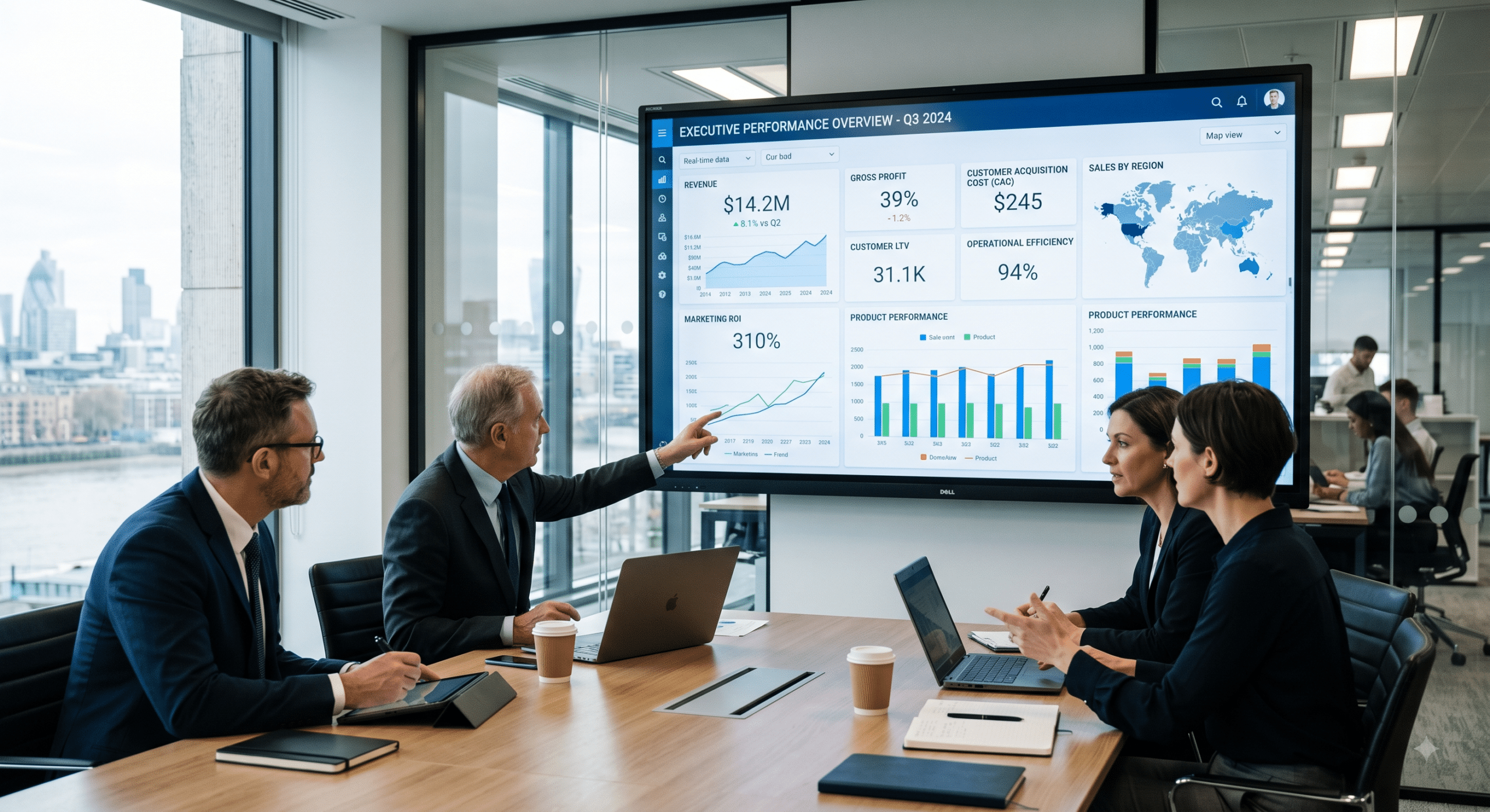 Executive team analyzing a KPI dashboard displaying business performance metrics, revenue insights, customer analytics, and operational data in a modern office meeting room.