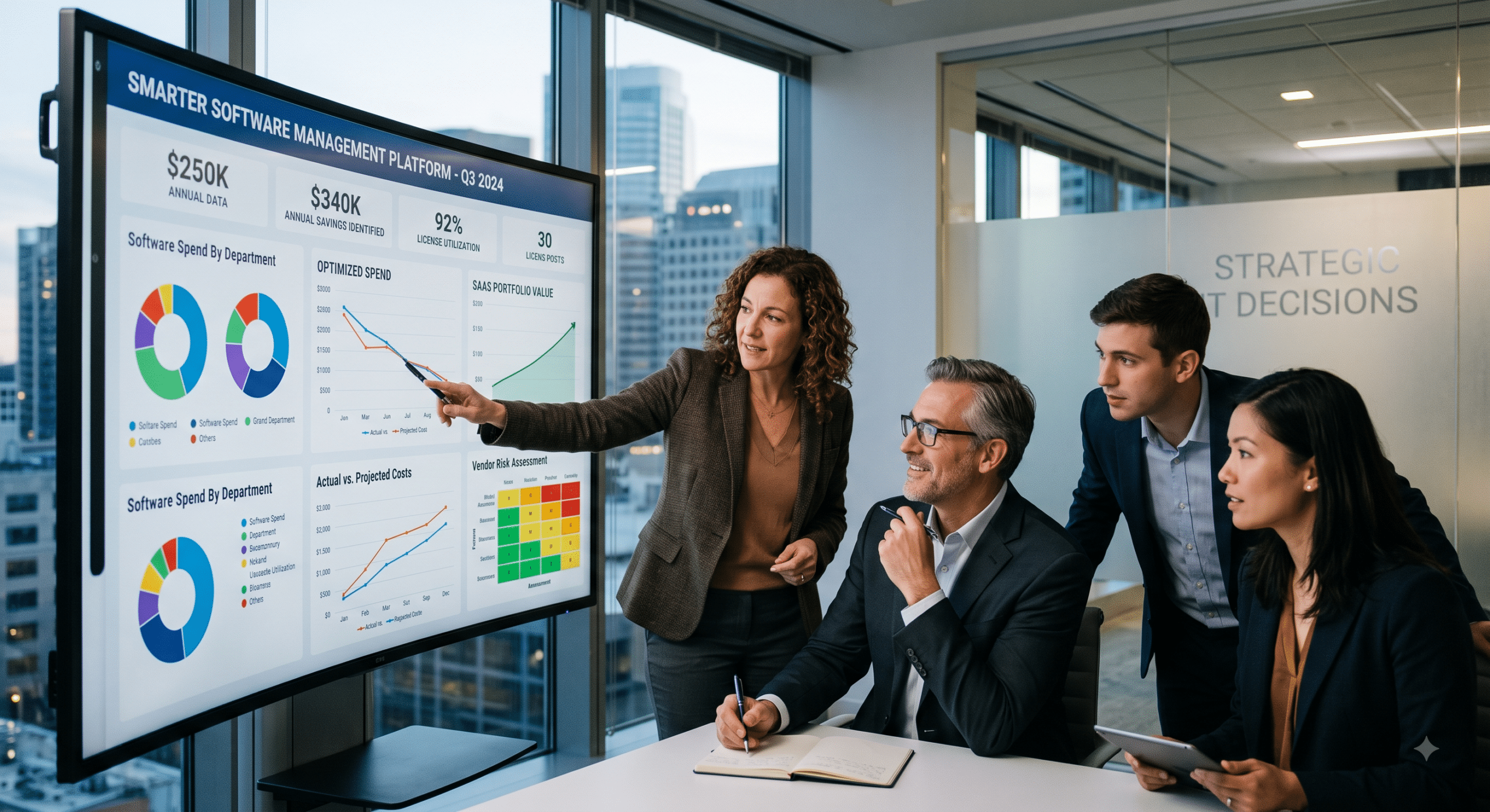 SaaS platforms software management dashboard showing SaaS spend optimization, license utilization, and strategic IT decisions in a modern business environment