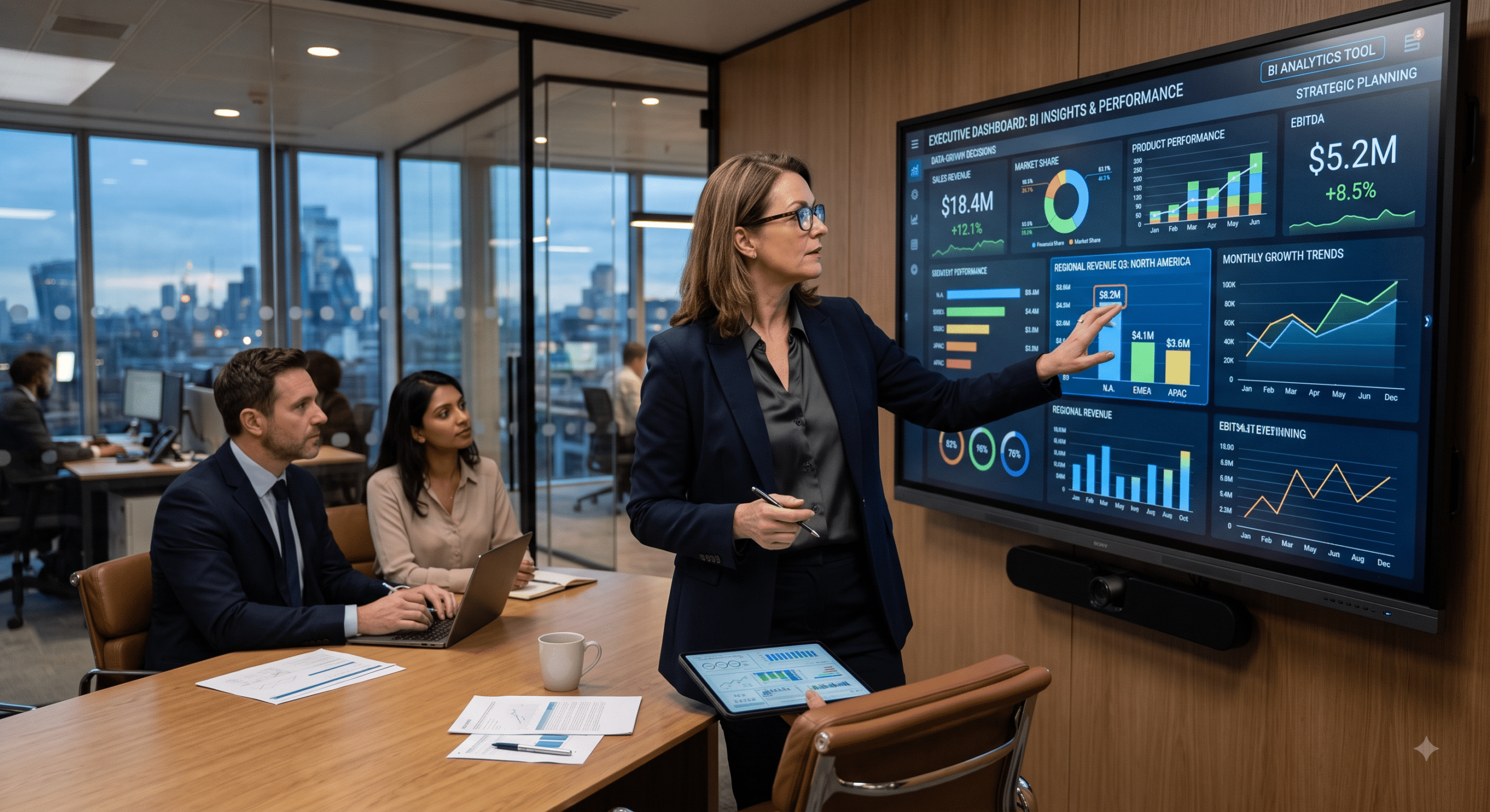 Business Intelligence analyst presenting analytics tools dashboard with executive performance insights, data visualization charts, and business intelligence metrics in a modern office meeting room