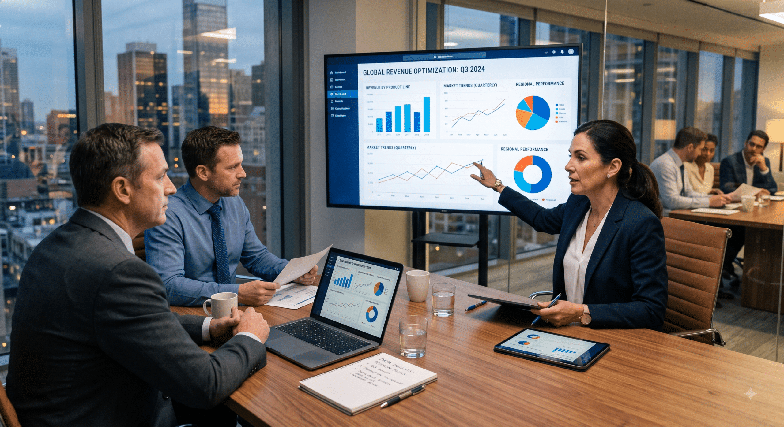 Business analytics dashboard displayed during an executive meeting with business leaders reviewing data insights, revenue trends, and performance reports.