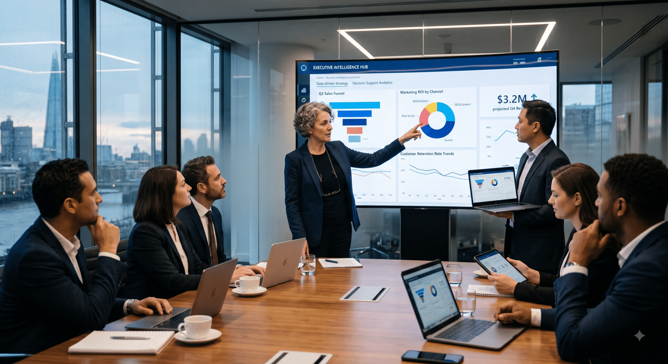 Business leaders using a business intelligence dashboard to evaluate performance insights, analyze trends, and make data-driven strategic decisions.