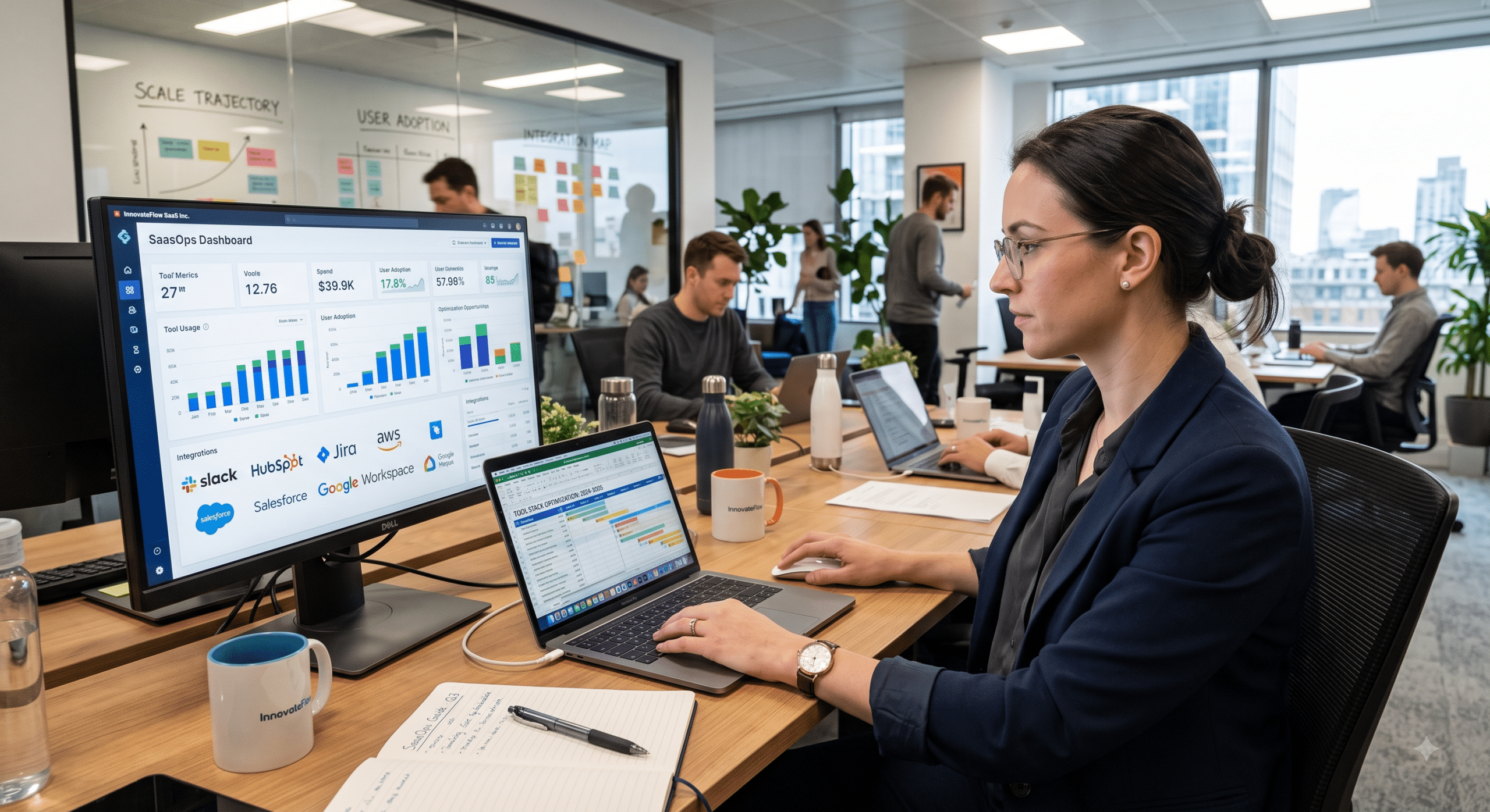 SaaS Operations manager analyzing business software dashboard for software usage, spending optimization, and workplace productivity