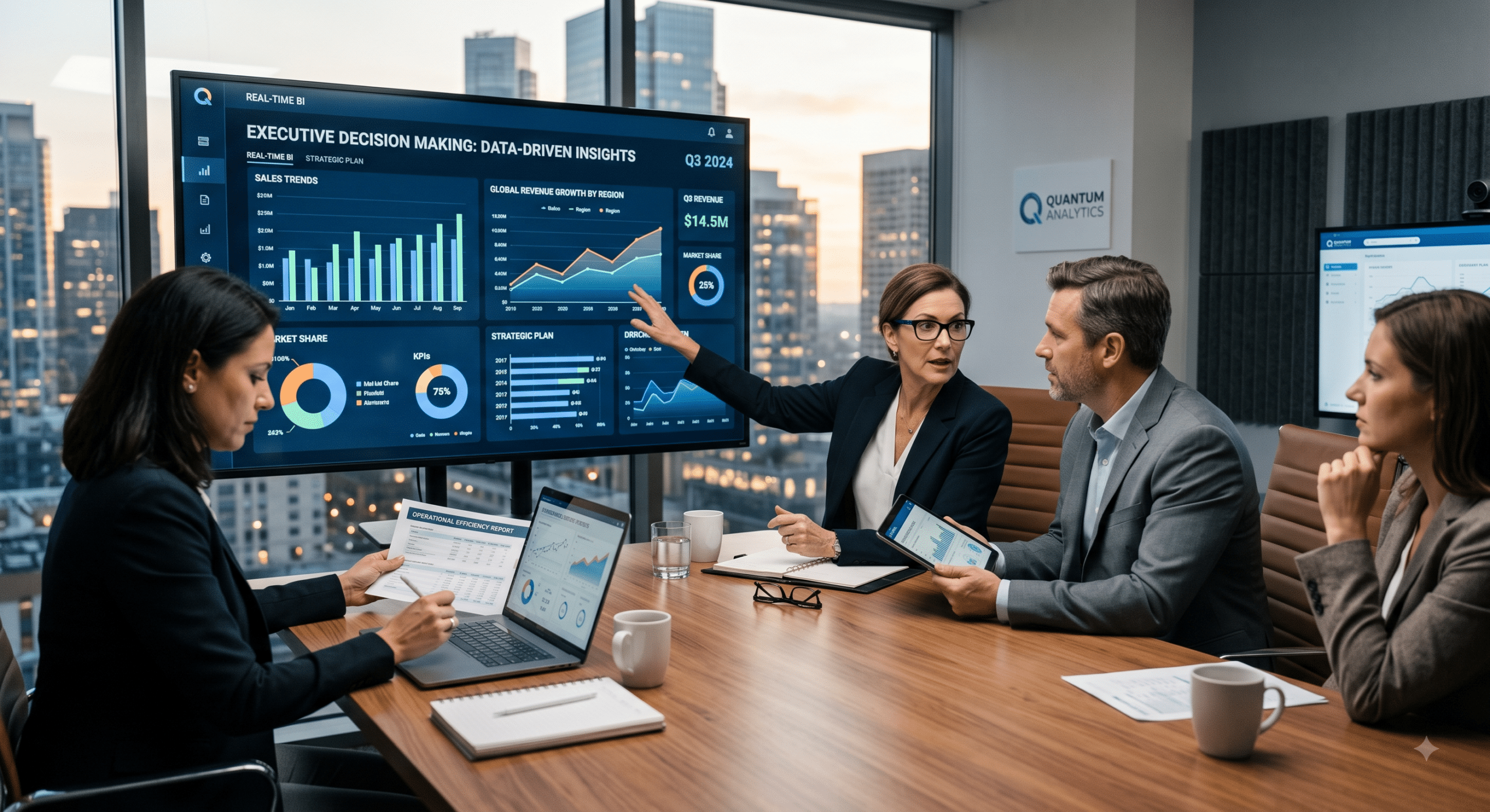 Business executives reviewing a data analytics dashboard with real-time business intelligence insights for strategic decision-making