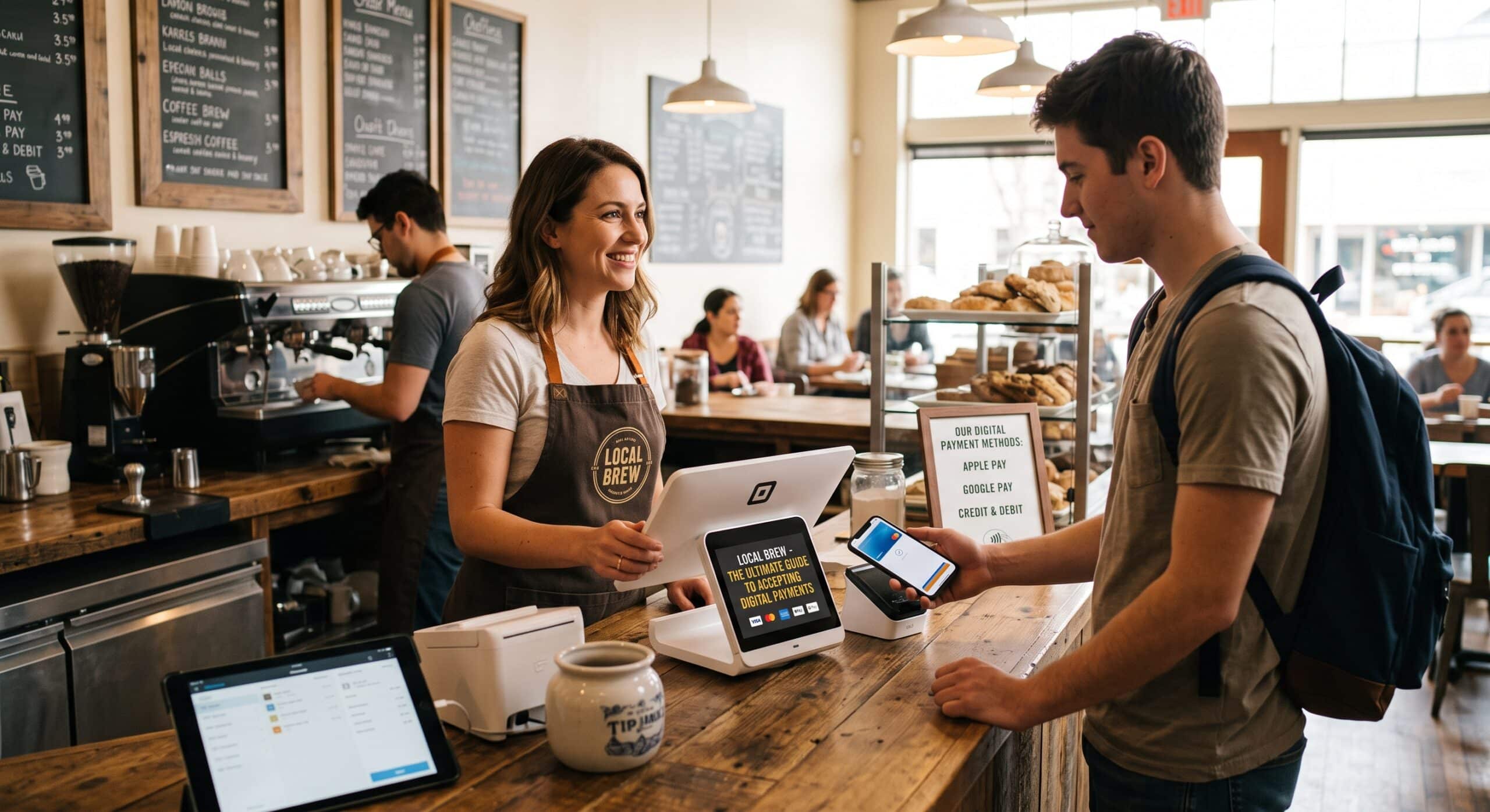 Barista helping a customer use digital payments at a local coffee shop checkout