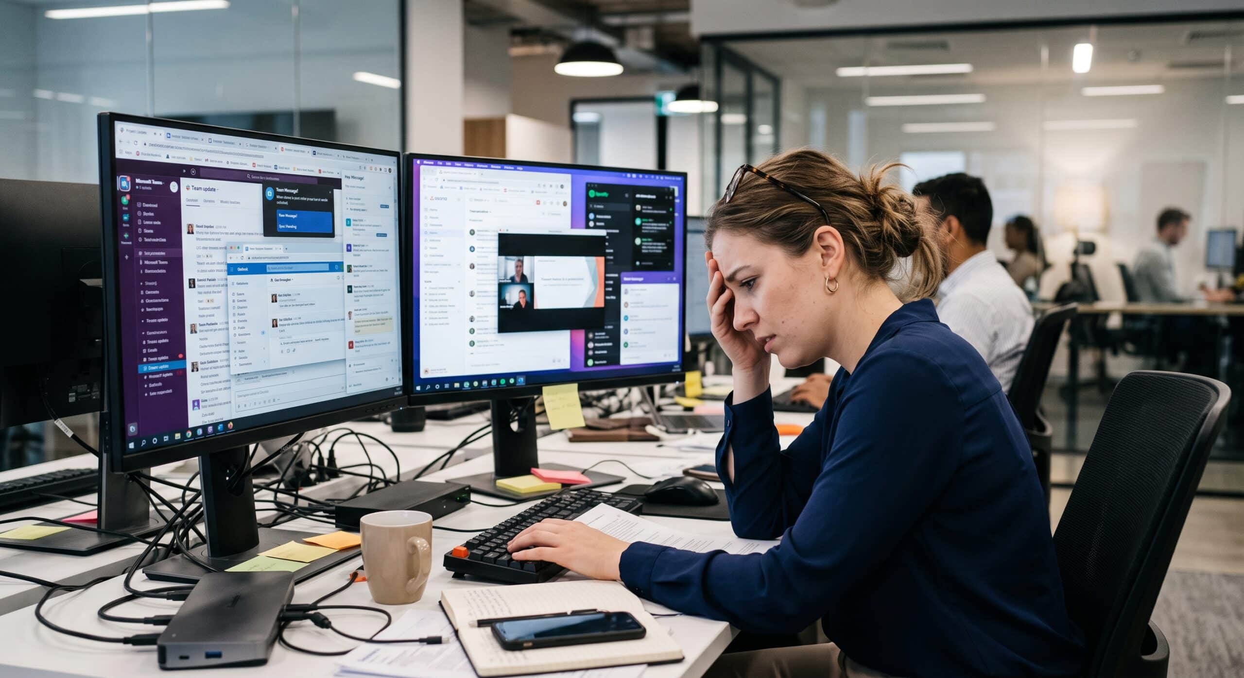 Employee experiencing workplace stress while managing multiple digital communication and collaboration tools
