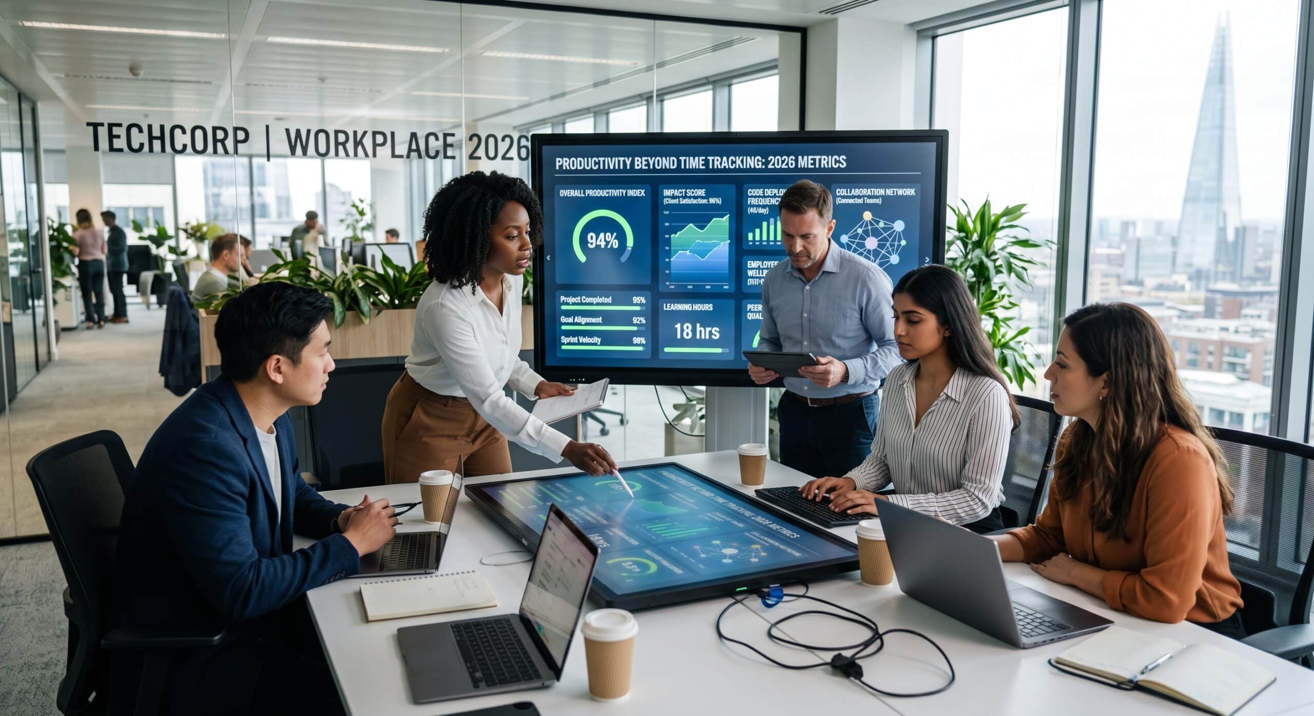 Business team reviewing employee productivity metrics and performance dashboards in a modern office