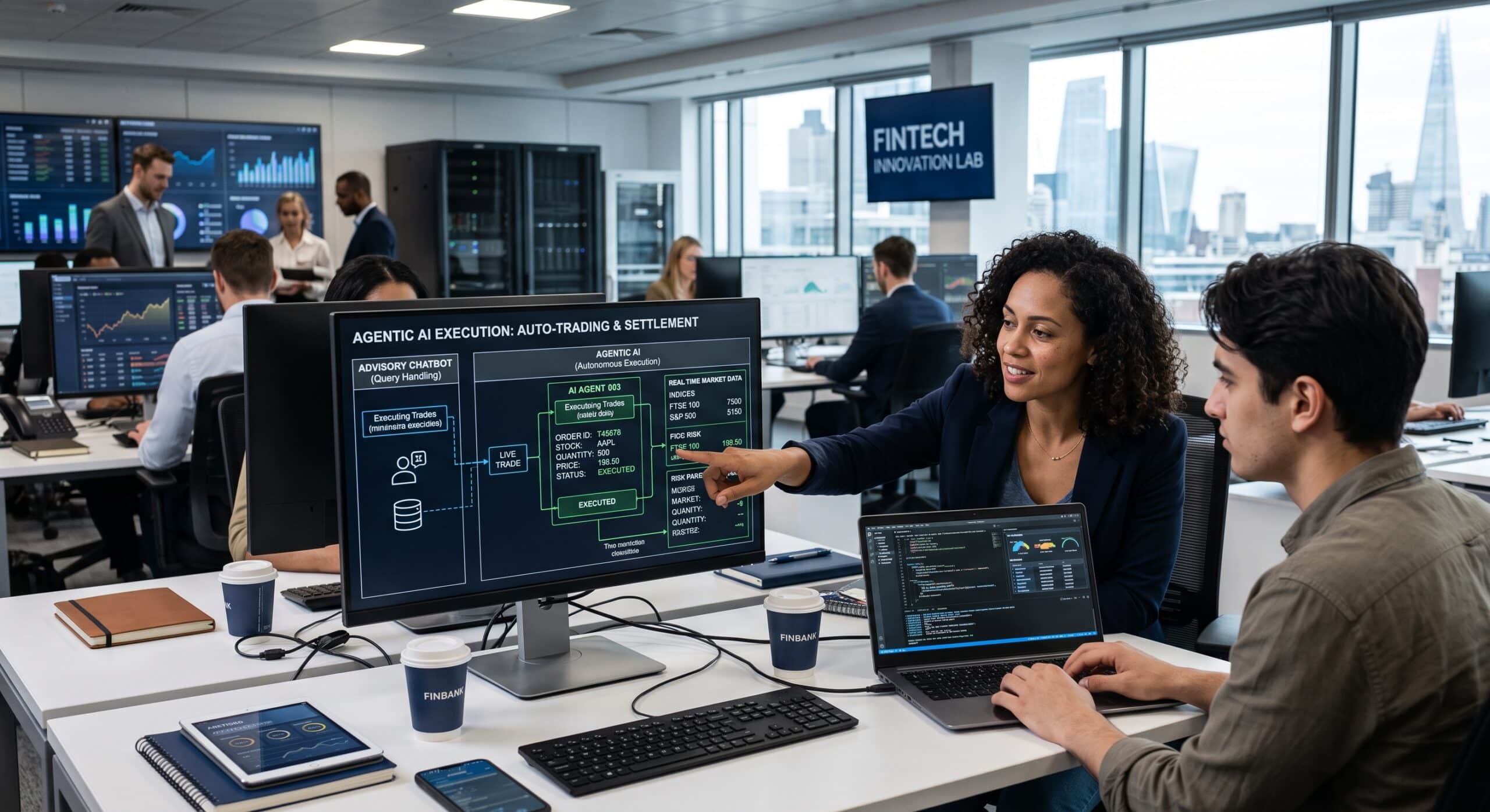 Fintech team analyzing agentic AI execution for automated trading and settlement
