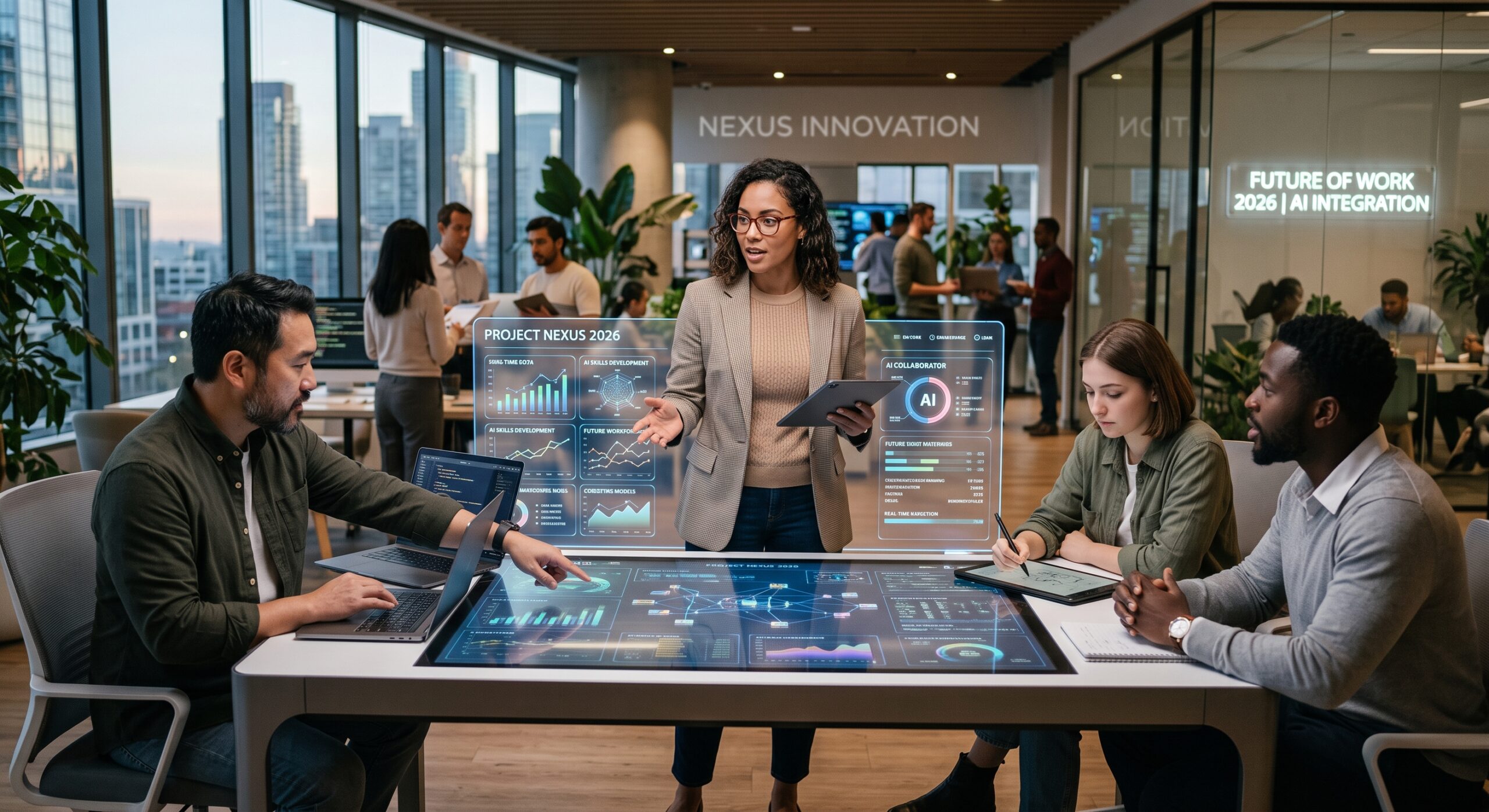 Future of work team collaborating on AI integration, workforce skills development, and digital workplace strateg