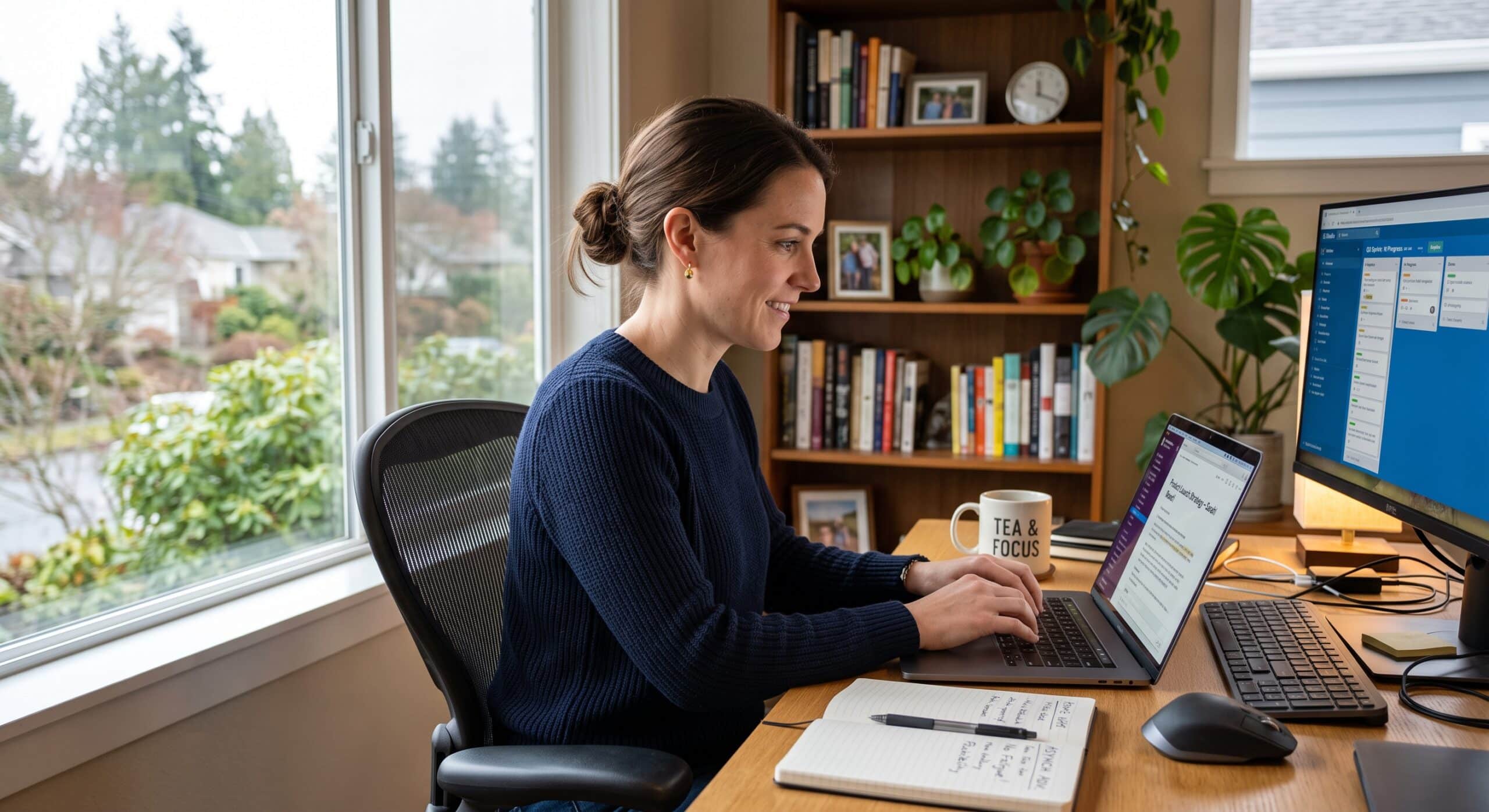 Woman working from home at a desk with a laptop, monitor, notebook, and digital project management dashboard