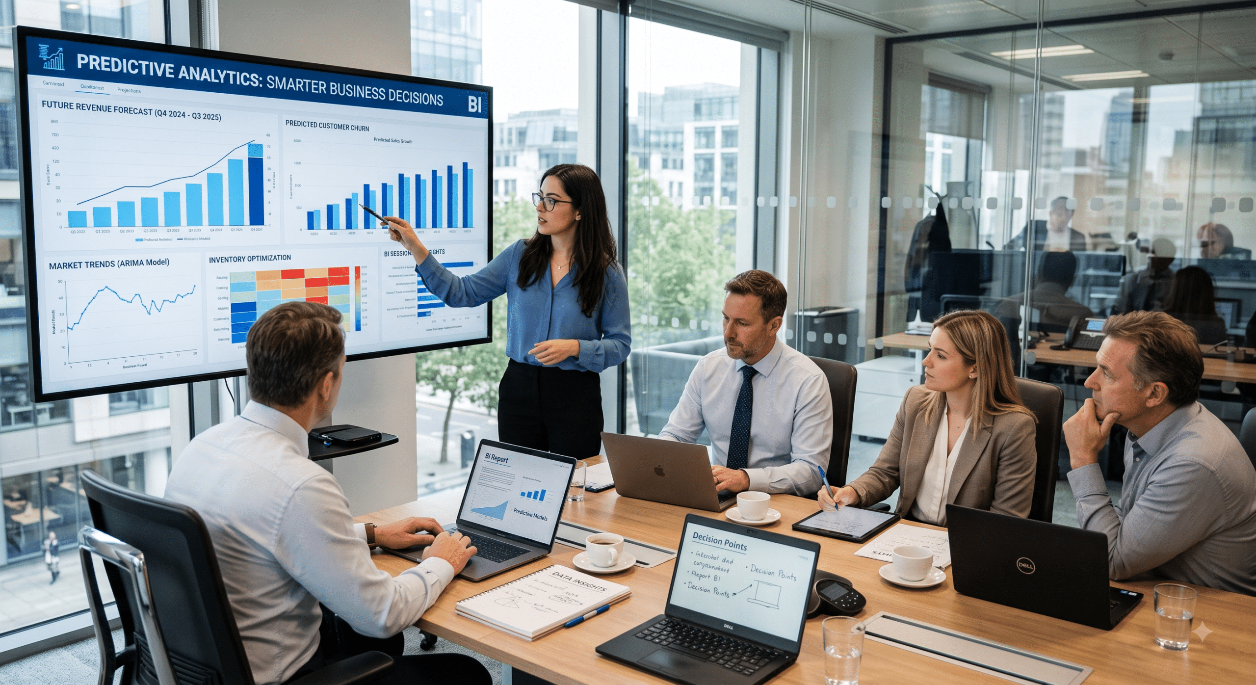 Predictive analytics dashboard showing business intelligence insights during an executive strategy meeting