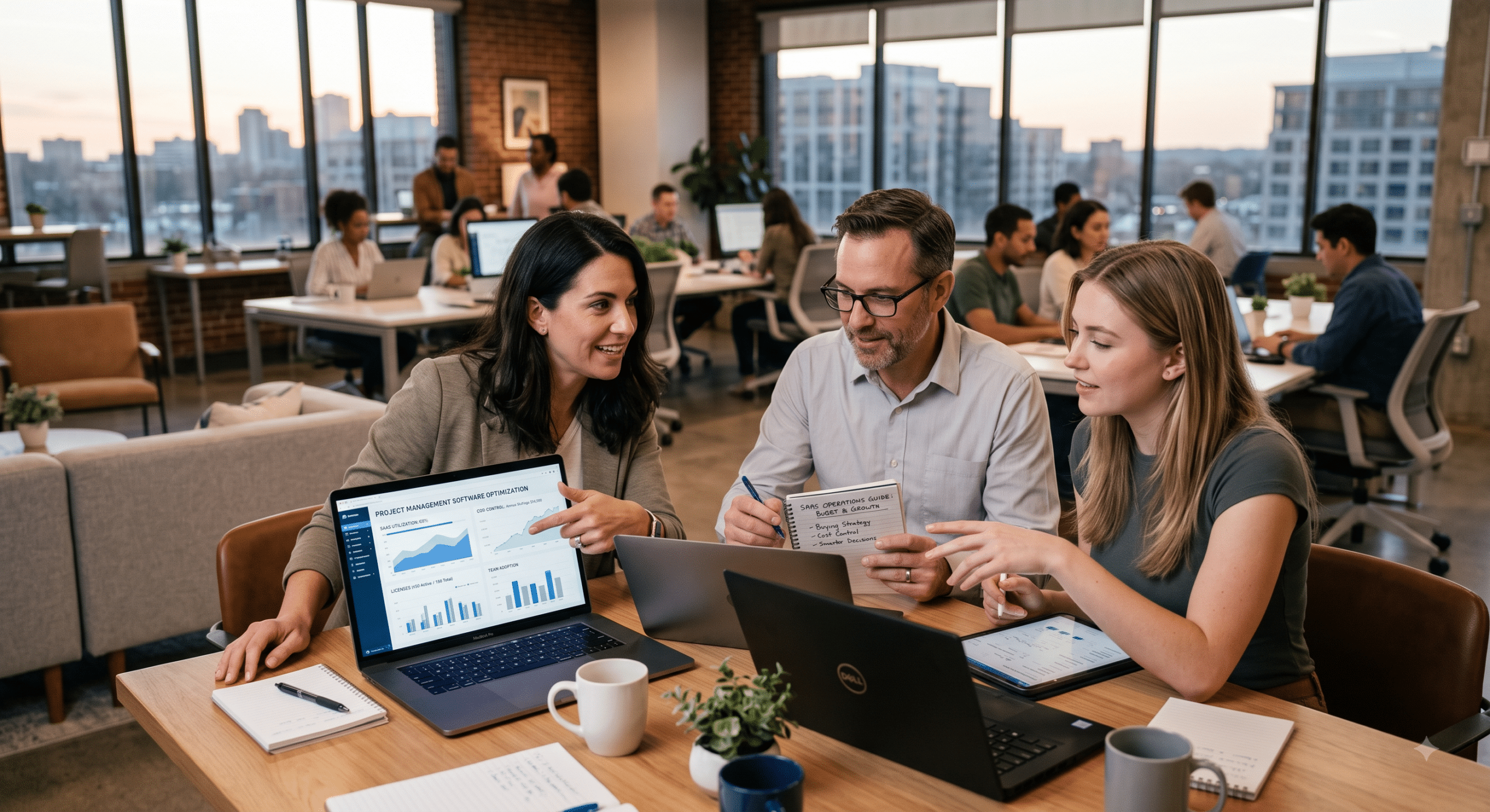 SaaS operations team analyzing project management software optimization strategy in a modern office