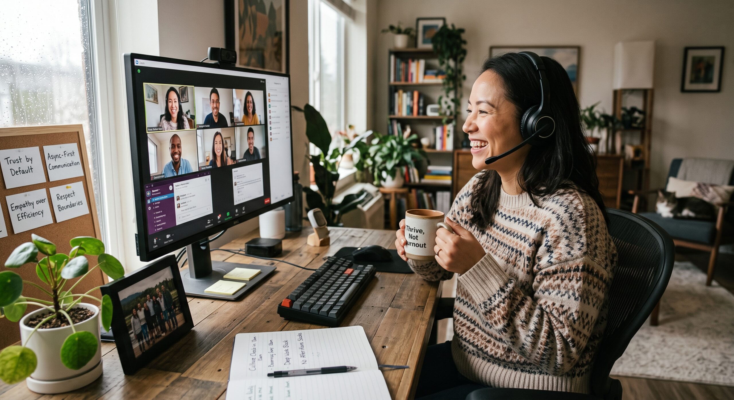 Remote worker participating in a virtual team meeting from a home office with video conferencing and workplace culture notes