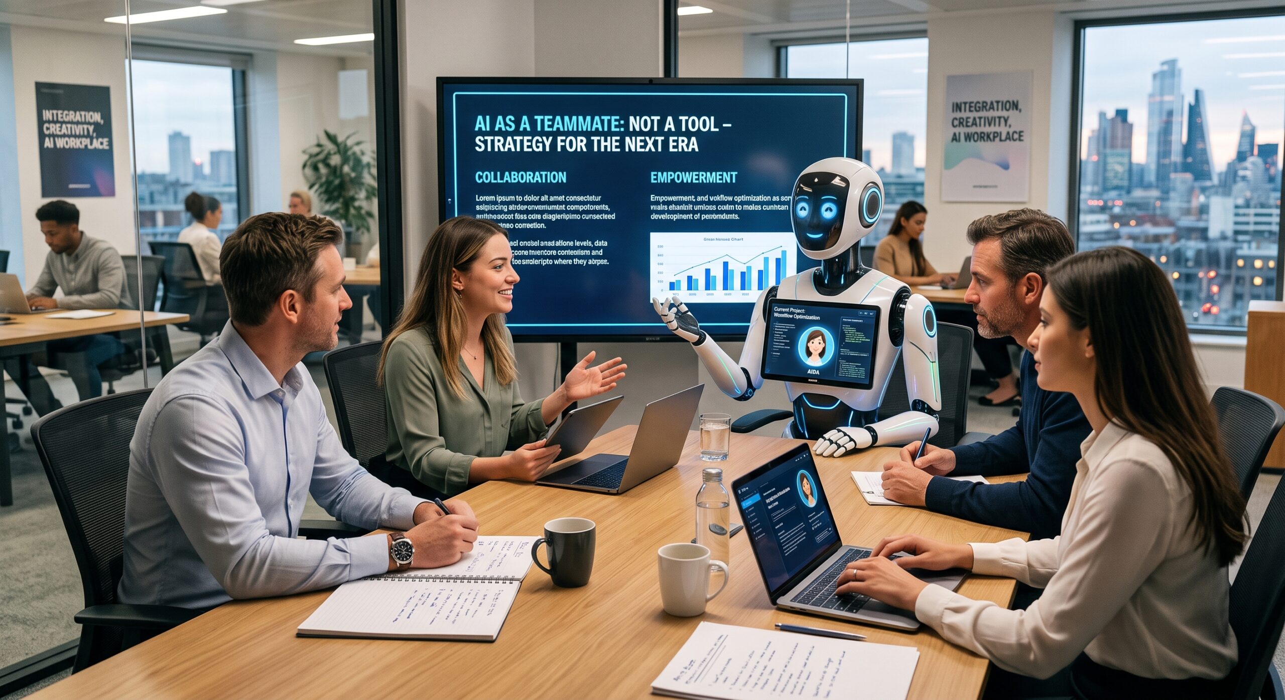 Business team collaborating with an AI robot during a workplace automation strategy meeting