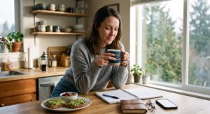 Woman enjoying a healthy morning routine with coffee and breakfast