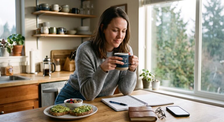 Woman enjoying a healthy morning routine with coffee and breakfast